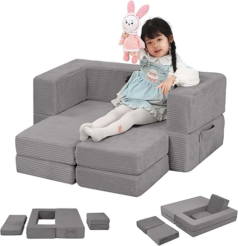 Miniatura 34 de MeMoreCool Sofá modular para niños, sofá convertible suave para niños, silla de espuma de felpa plegable gris para diversión en la sala de juegos de