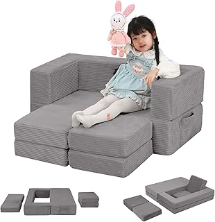 MeMoreCool Corduroy Kids Sofa Bed, Toddler Chair Couch, Kids Convertible Play Sofa Lounger Fold Out, Baby Couch Floor Armchair Chair Bedroom Furniture, Modular Mini Couch for Playroom, Grey