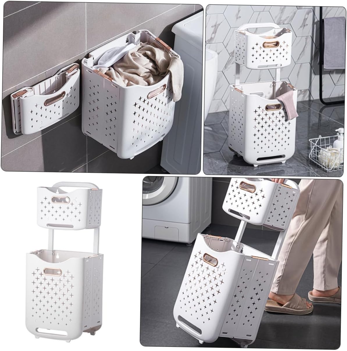 Double Layer Foldable Laundry Basket with Rolling Wheels Spacious Dirty Clothes Hamper for Bathroom and Bedroom Storage Smooth Surface Brake Wheel for Stable Movement Family Use