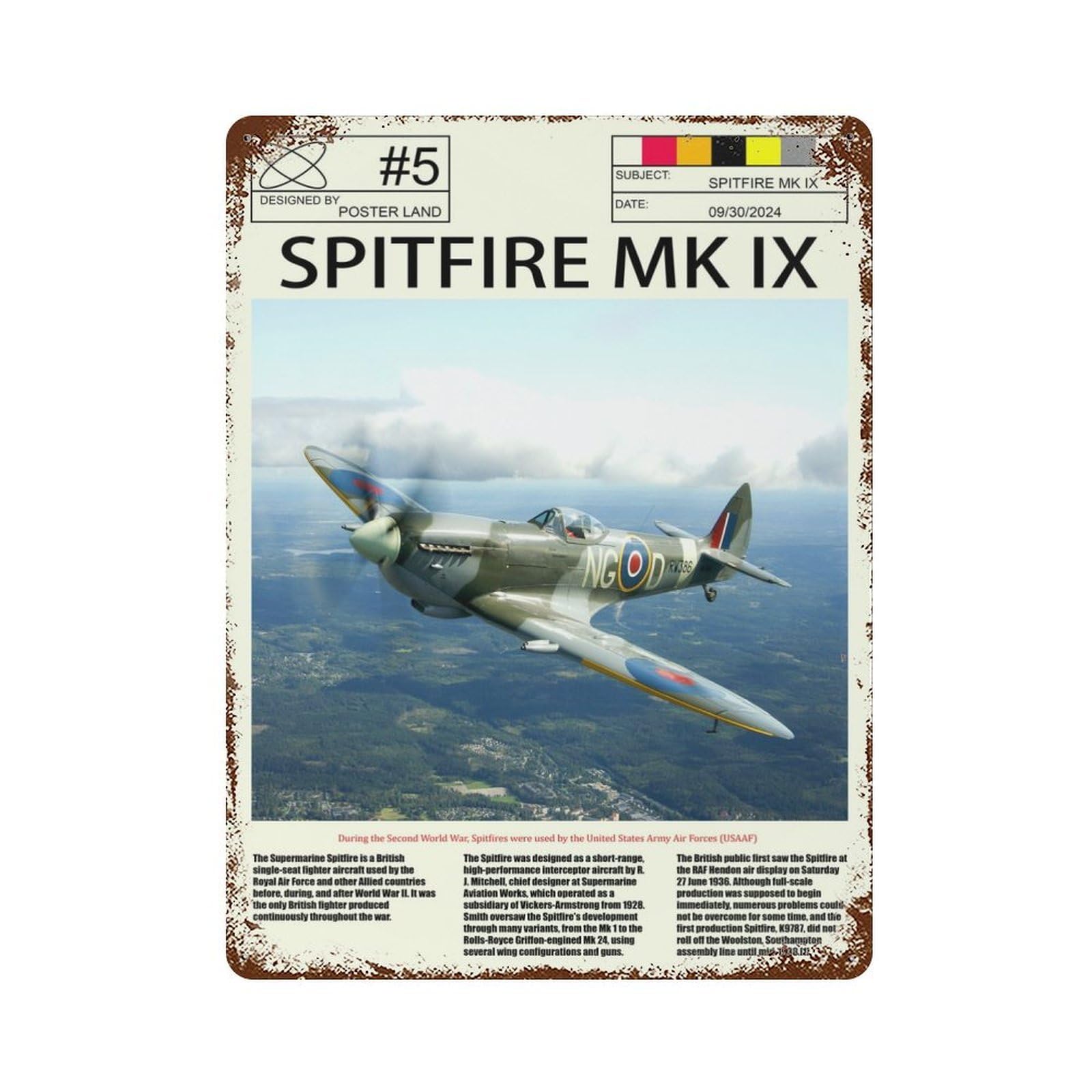Spitfire MK Aircraft Vintage Metal Tin Sign 15.7"x11.8", Farmhouse Wall Decor for Living Room, Hallway And Home Decor
