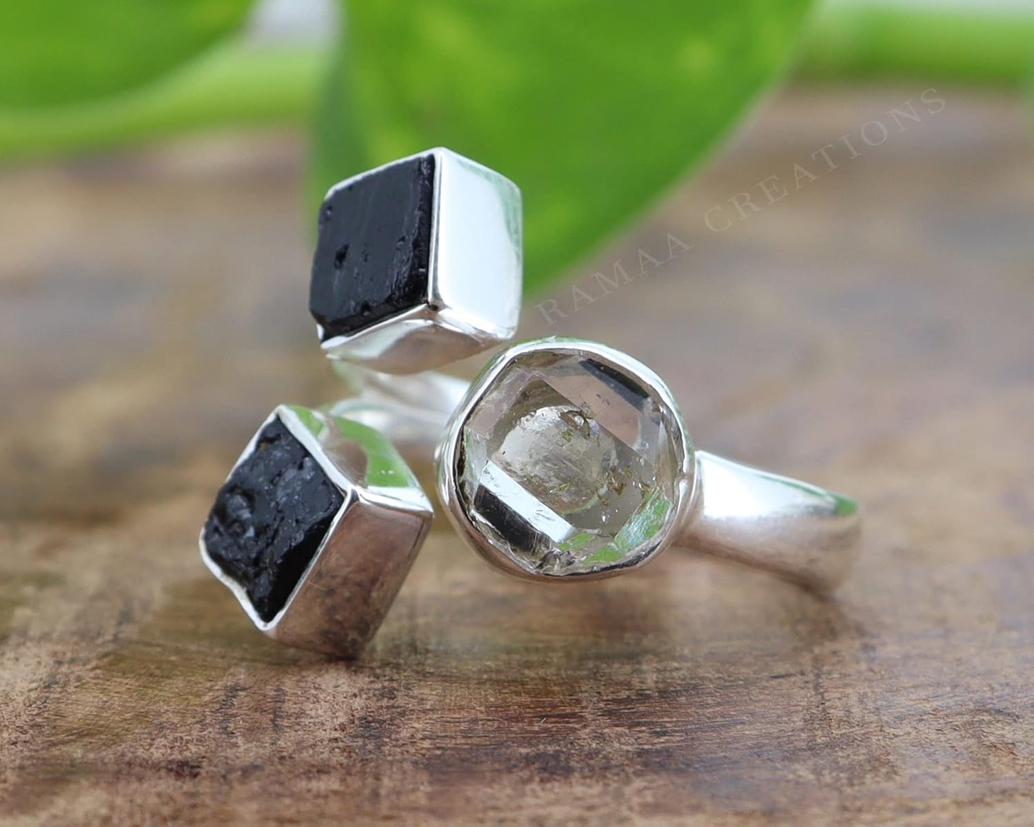 Raw Herkimer Diamond & Black Tourmaline Ring | Handcrafted Sterling Silver 925 Jewelry - Image 4