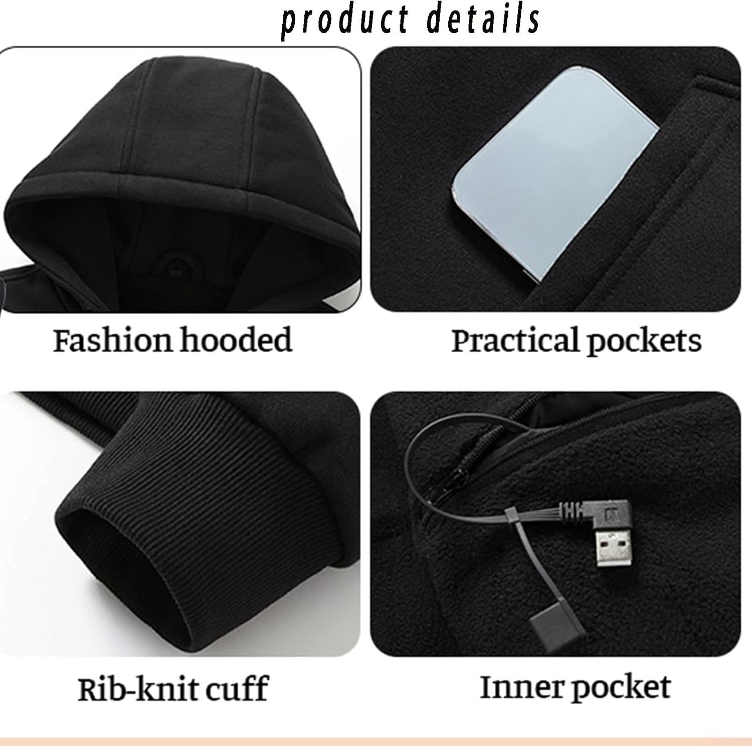 Kurtka ogrzewająca Podgrzewana bluza z kapturem z polaru dla mężczyzn i kobiet, zimowa ocieplana kurtka outdoorowa, inteligentna bluza grzewcza unisex(Women,S)