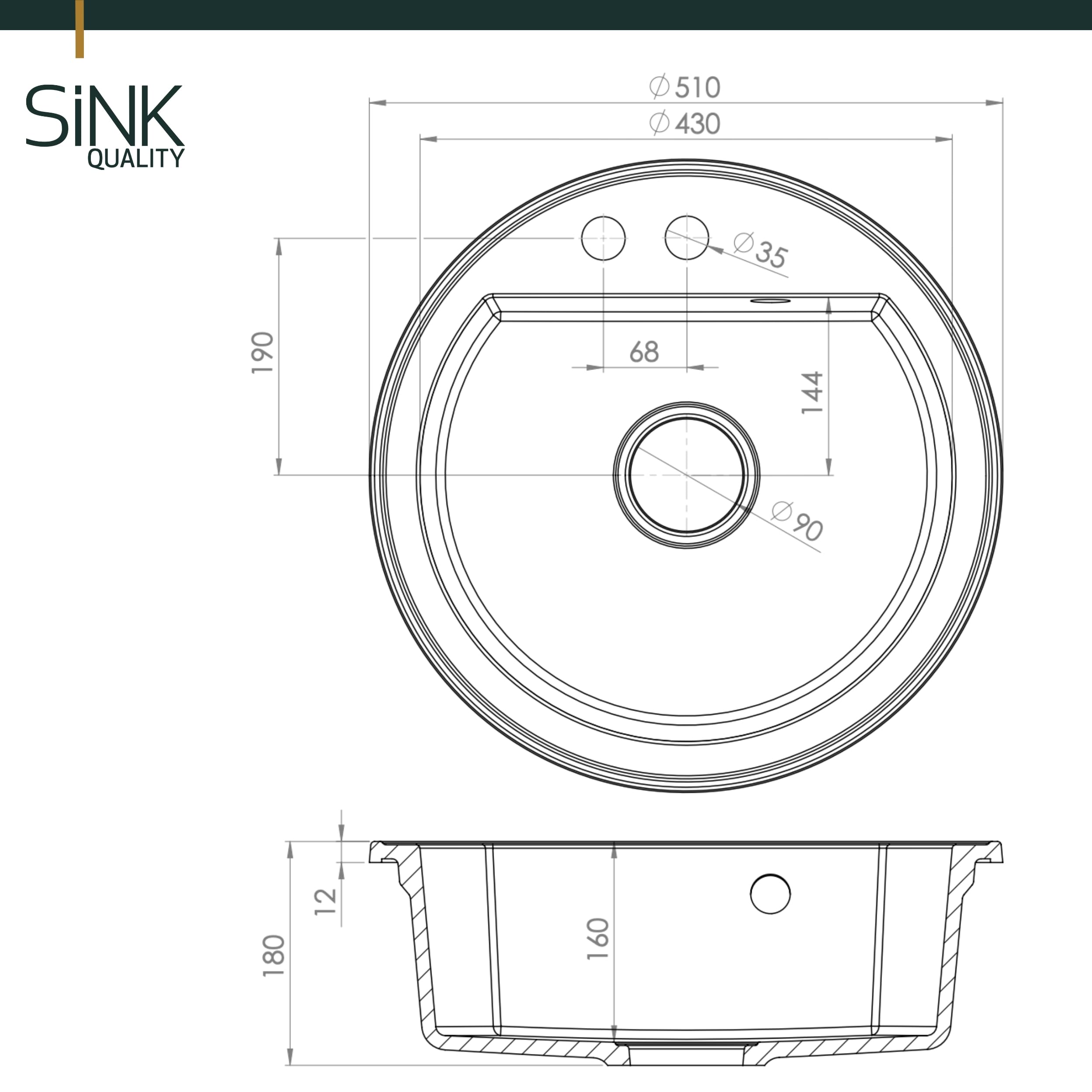SINK QUALITY zlewozmywak okrągły, czarny, Ø 51 cm, syfon i impregnacja w zestawie, okrągły zlewozmywak z granitu, czarny do szafek dolnych o szerokości 55 cm, zlewozmywak do zabudowy granitowy