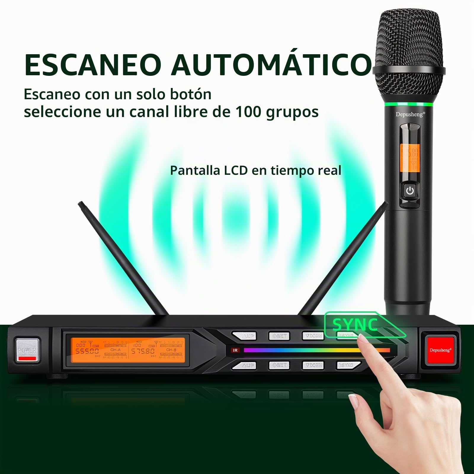 Depusheng Micrófono inalámbrico R7 equipado con dos micrófonos portátiles dinámicos y receptor, con un rango de recepción de 80 metros, adecuado para escenarios de conciertos de karaoke