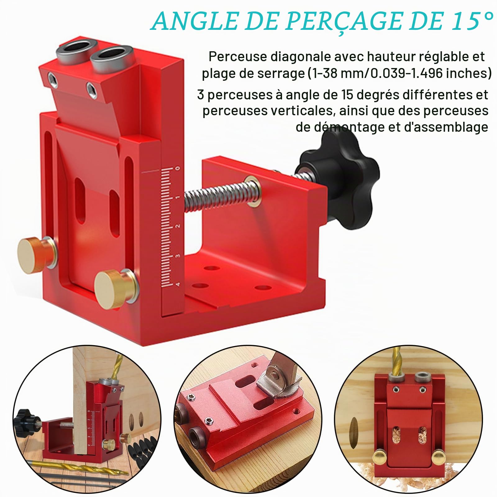 Adjustable Kit d'outils de Gabarit de Percage Oblique pour Menuiserie, Bleu Amovible Pocket Hole Jig, Avec 2 Forets de 9 mm, pour le Travail du Bois et la Fabrication de Meubles (Rouge)
