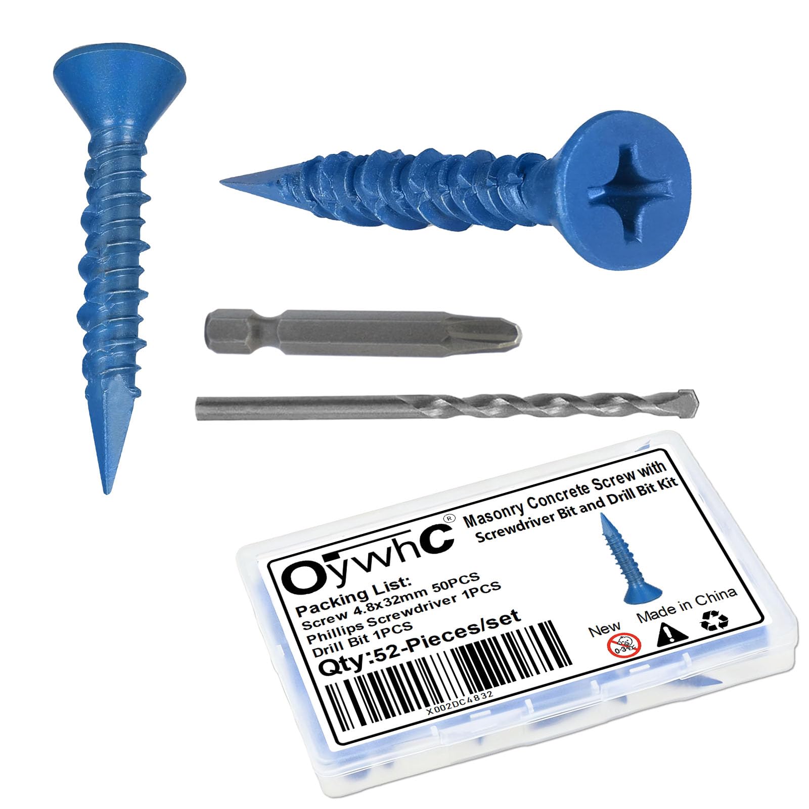 – 50Pcs Masonry Concrete Screws 4.8mm x 32mm with Screwdriver & Drill Bit, Special Blue Coating, Flat Countersunk Head, Conical Diamond Tip, High-Low Threads, for Masonry/Concrete/Brick/Block