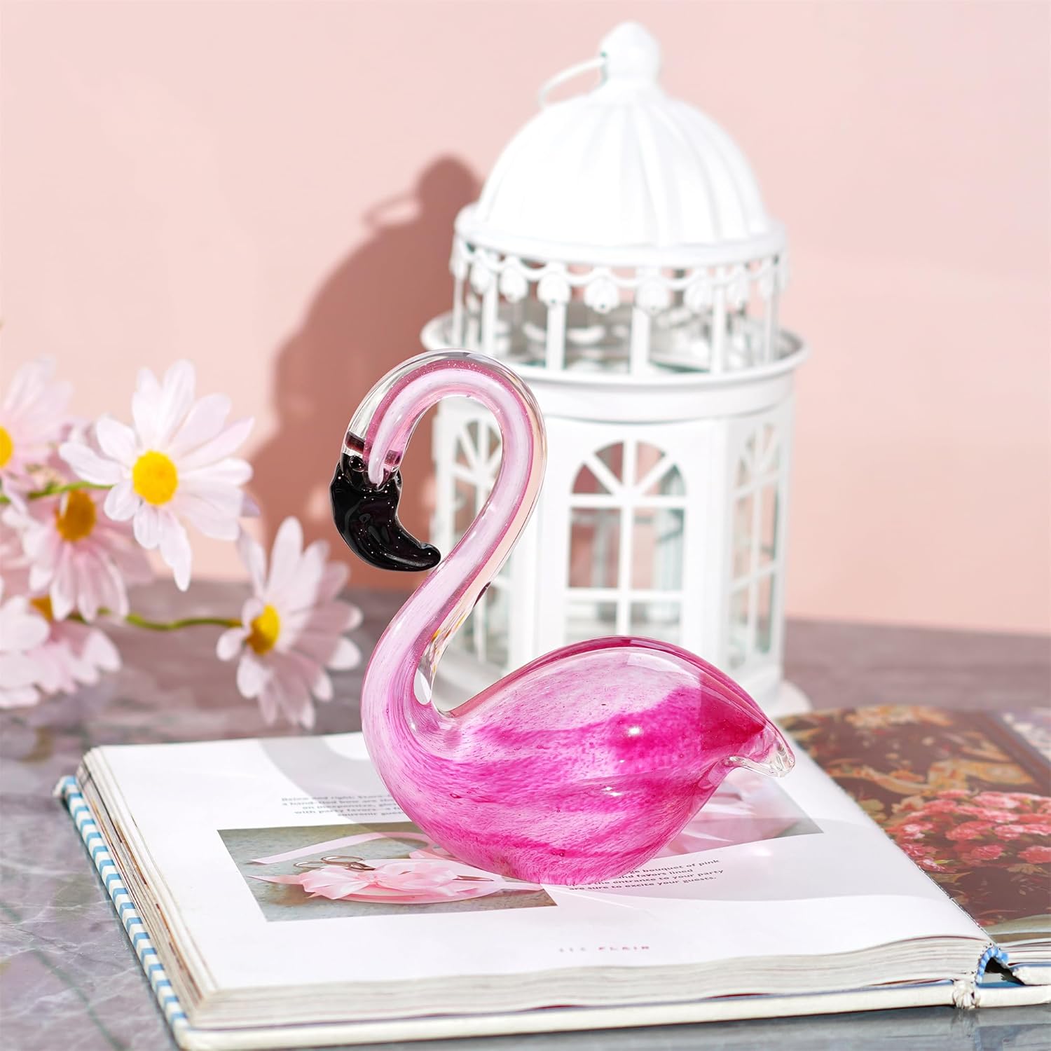 QFkris Hand Blown Glass Pink Flamingo Figurines, Art Glass Flamingo Sculpture, Souvenir Home Decor Valentines Day Gift for Women - Image 3