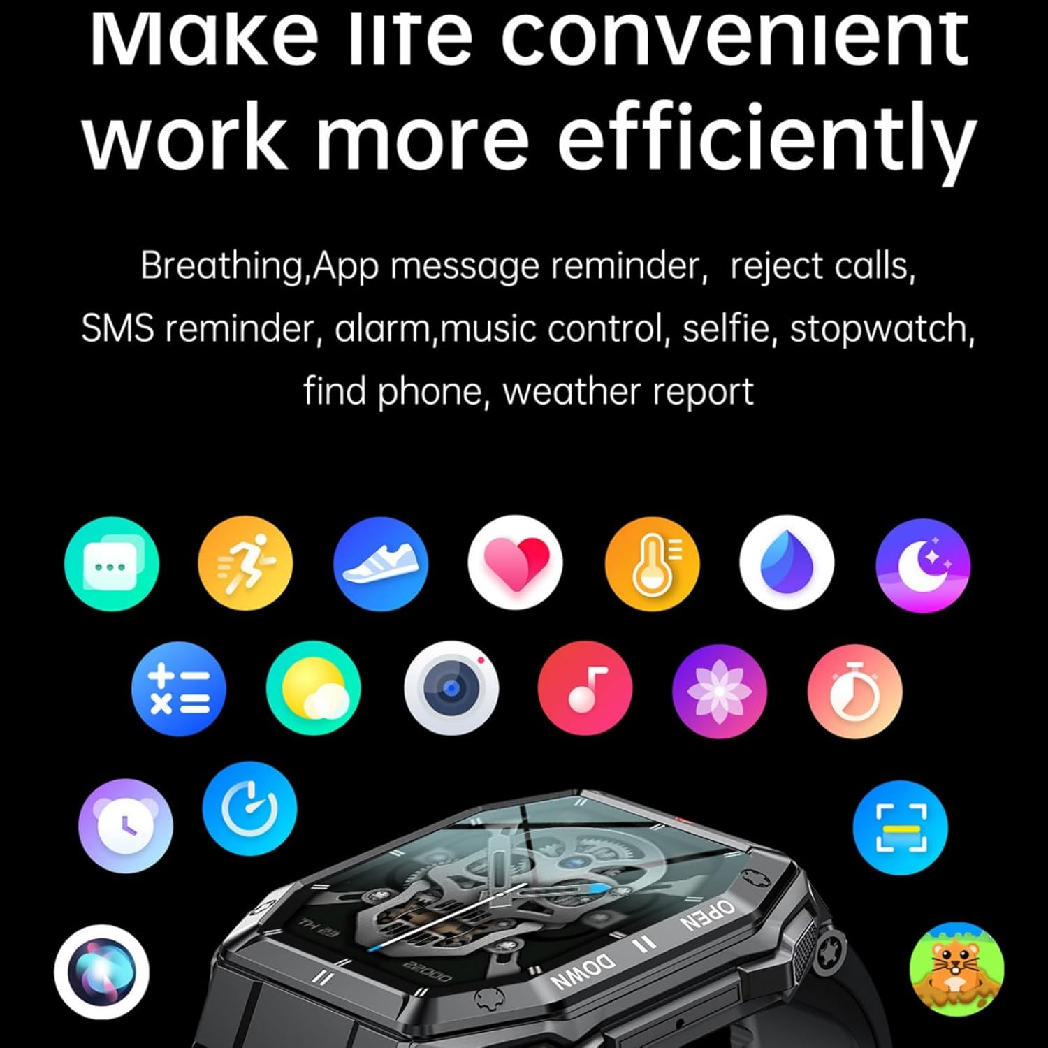 K55 Smart Watch display with various app icons representing features like messaging, sports, heart rate, weather, music, and more.