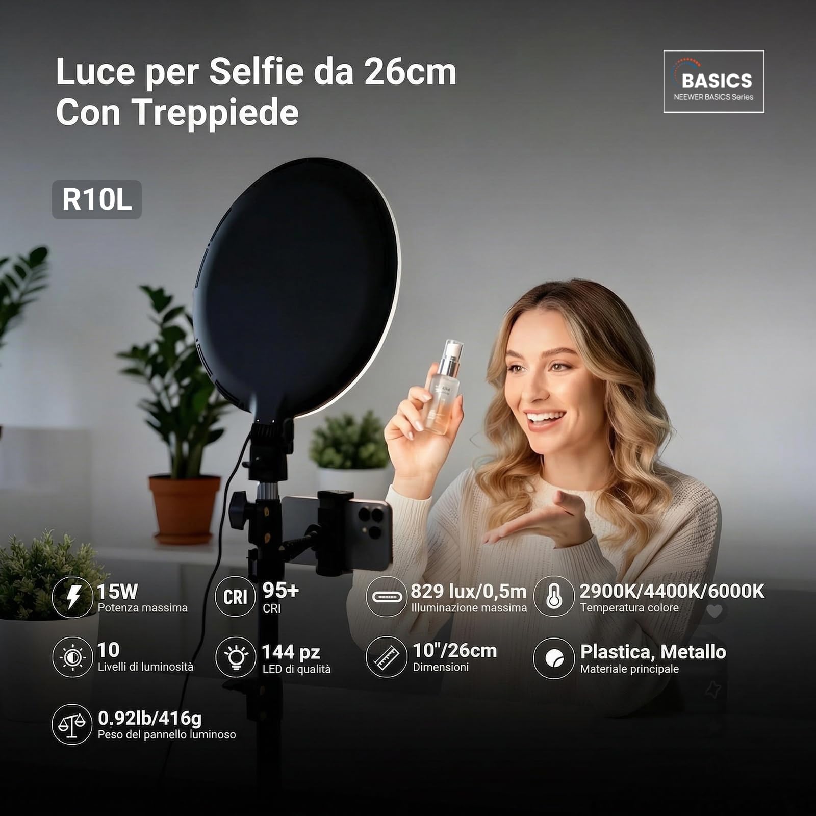 NEEWER BASICS Ring Light 10" con Treppiede 63”/Porta Telefono/Telecomando Compatibile con iPhone, Luce LED Bicolore Edge Lit a Schermo Intero 15W CRI95+ per Riprese Video Selfie Streaming Trucco, R10L