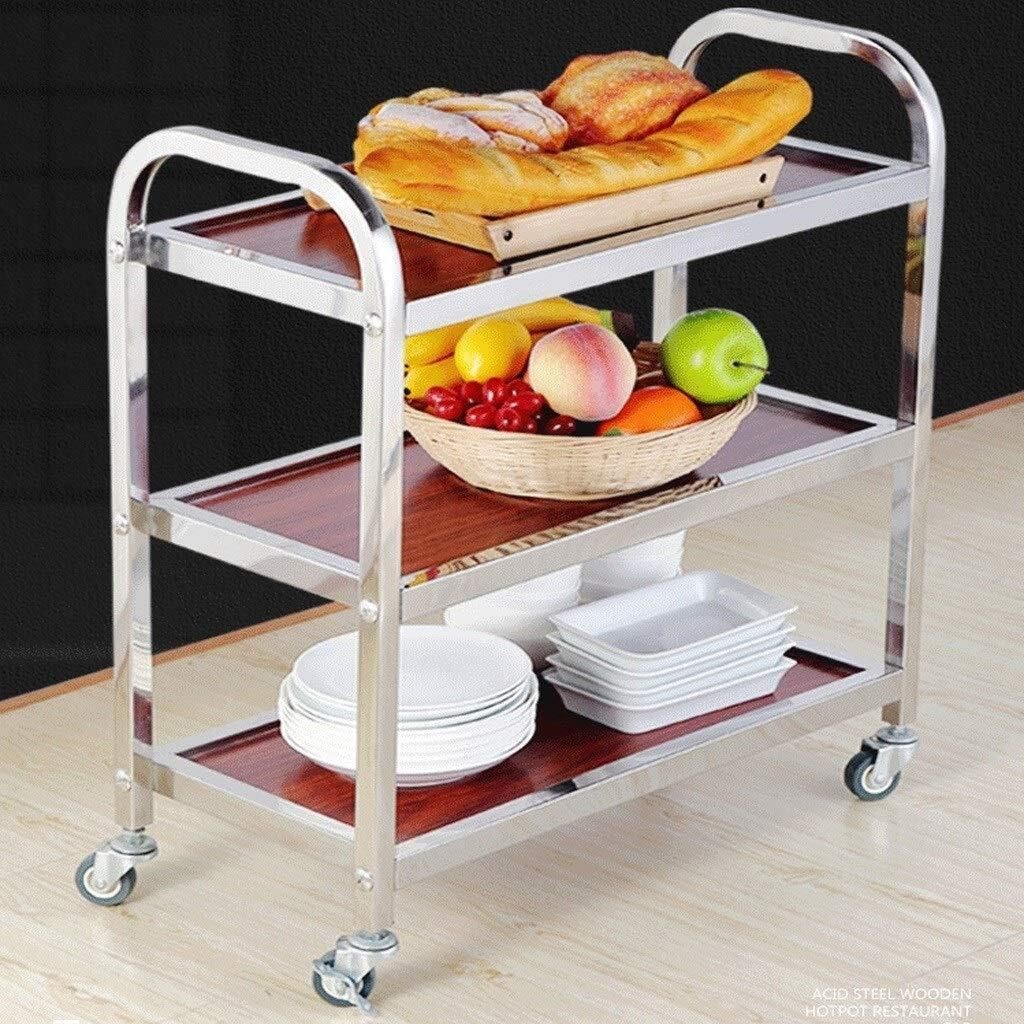 Carrello da cucina a 3 ripiani in acciaio inox con piano in legno e freno Dimensioni: 65 x 30 x 73 cm, versatile Sto Solut per casa e cucina