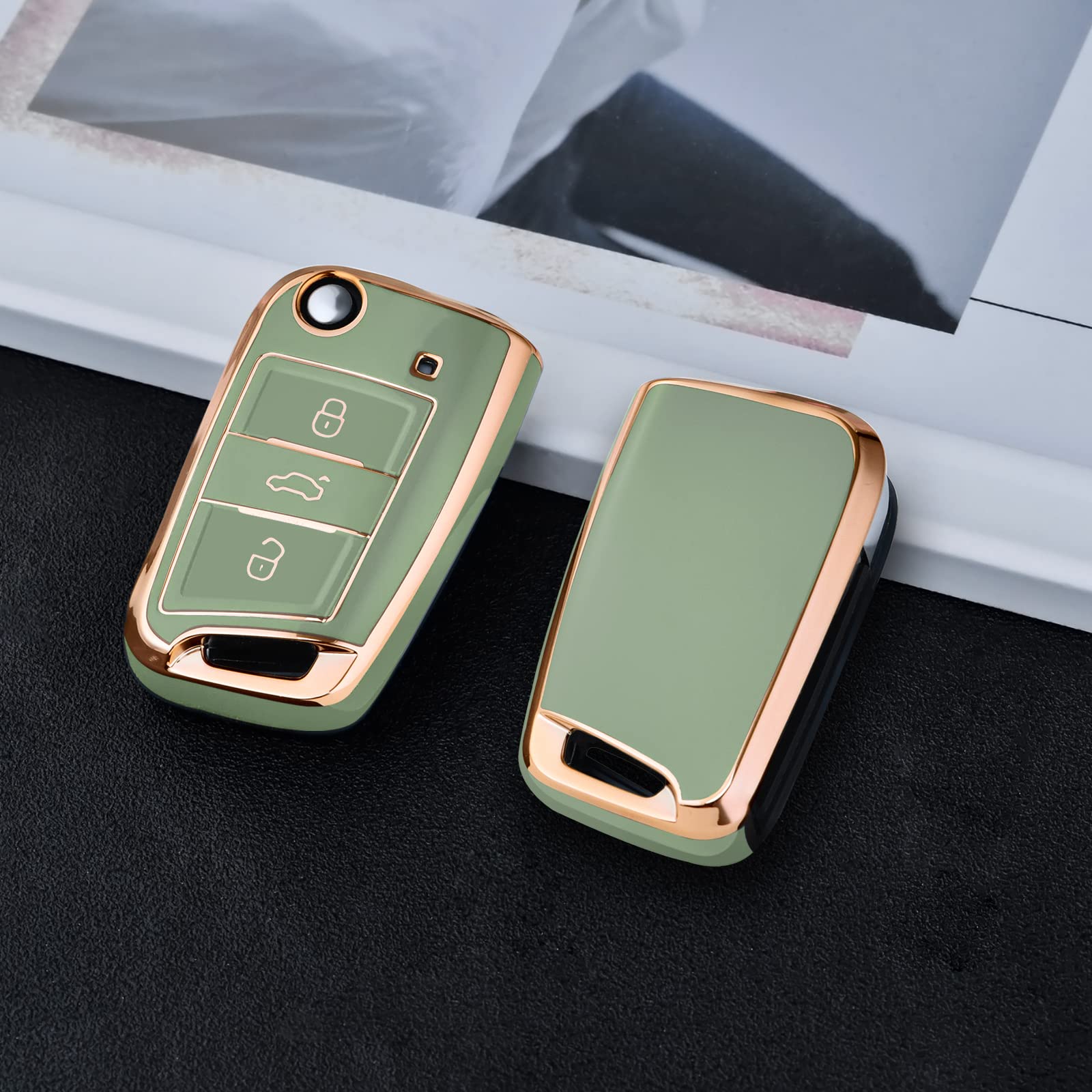 OATSBASF Car Key Case For VW, Key Case Compatible with VW Golf 7 MK7，Silicone Key Case, Key Box Cover for VW Polo, Skoda, Tiguan, 3 Buttons (gold trim-green) — view 3