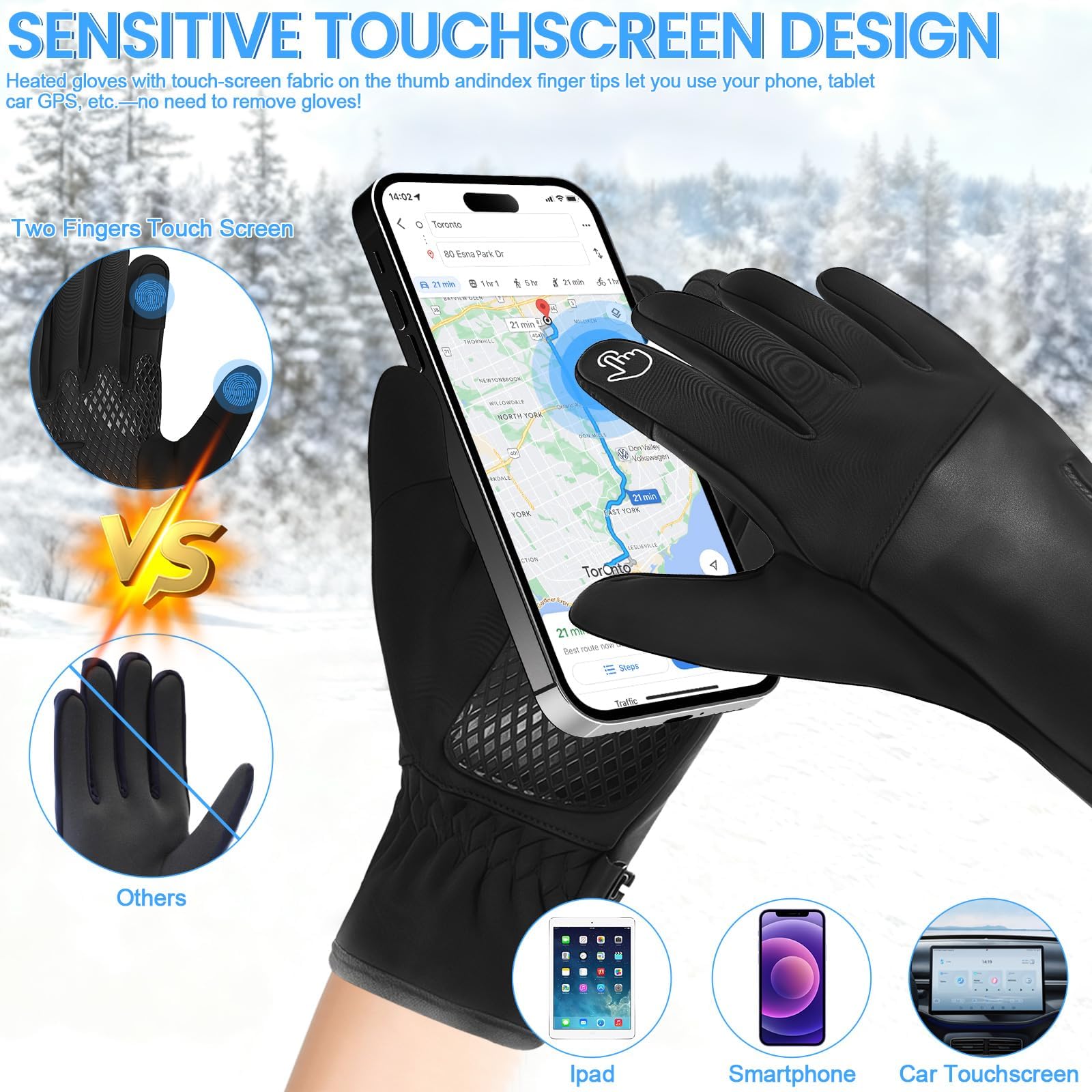 Générique Gants Chauffants pour Homme Femme, Rechargeable Gants Chauffants USB avec Écran Tactile, Imperméables et Antidérapants, 3 Températures Réglables, Gants Hiver pour Velo/Moto/Ski/Travail