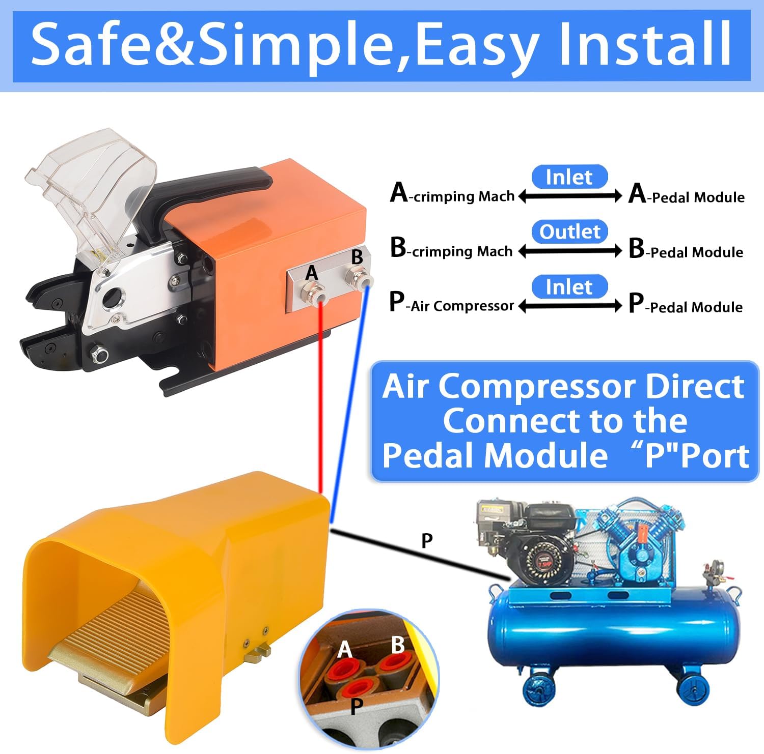 Pneumatic Crimping Tool Air Powered Wire Machine Up To Crimper Plier 15 Sets Dies Many Kinds Terminals Am-10 Orange Die 1.3T Powerful Output 0.5-0.7Mpa Max 1.0Mpa 6 Feet Hose Fit 0.5-16mm²
