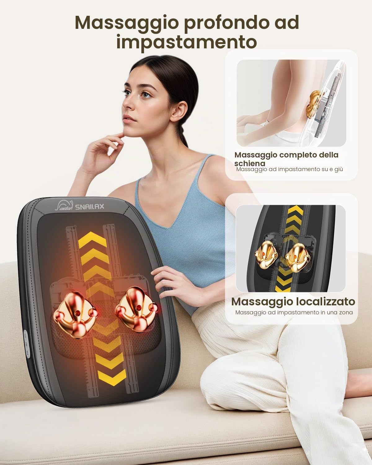 Snailax Massaggiatore per schiena con calore, shiatsu massaggiatore schiena e collo per alleviare il dolore, cuscino per massaggio dei tessuti profondi con impastamento 4D, regali per uomini e donne