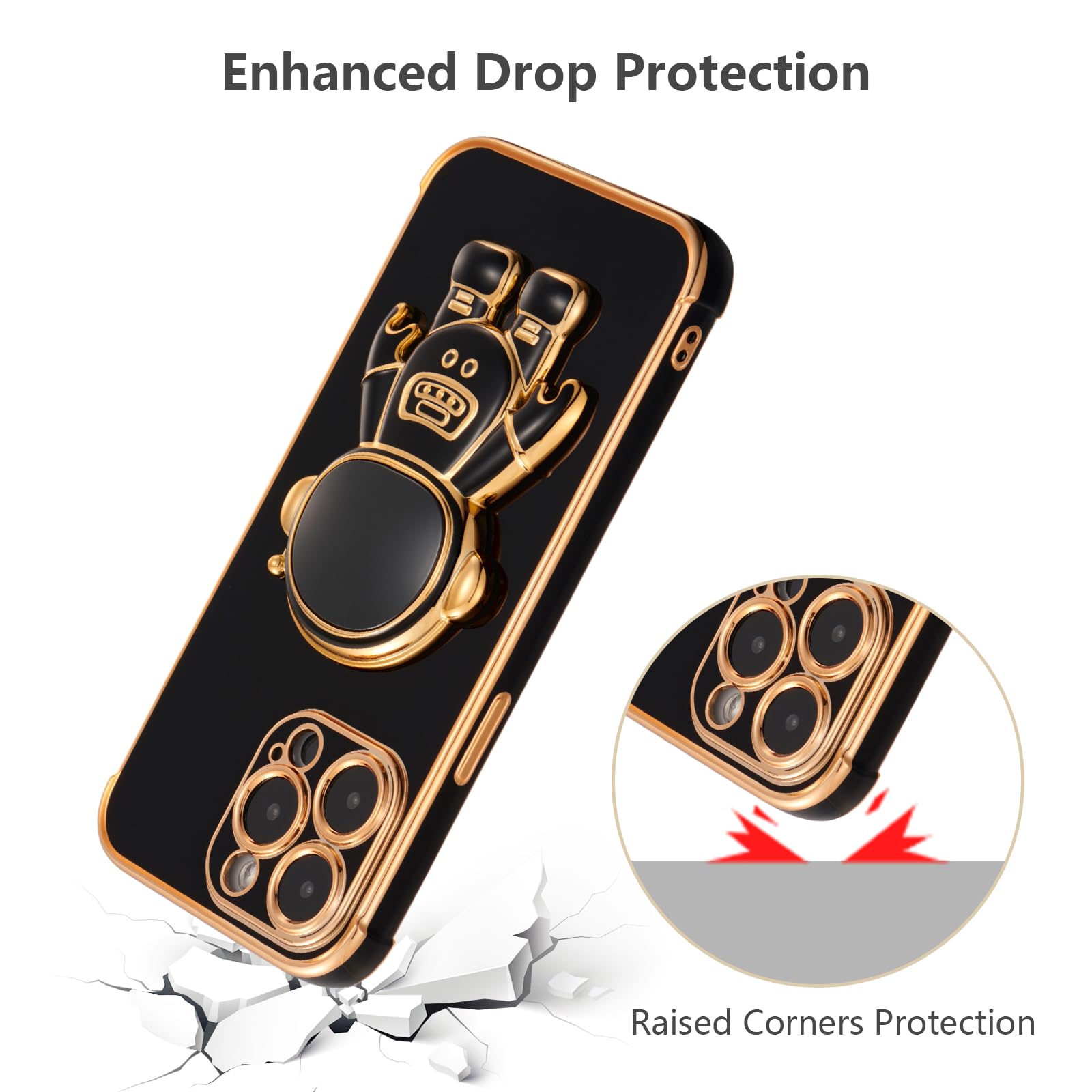 Custodia RALEAVO Per IPhone 15 Pro Max Con Astronauta 3D – Bianco, Bordo Oro, Supporto Integrato, Antiurto - 2