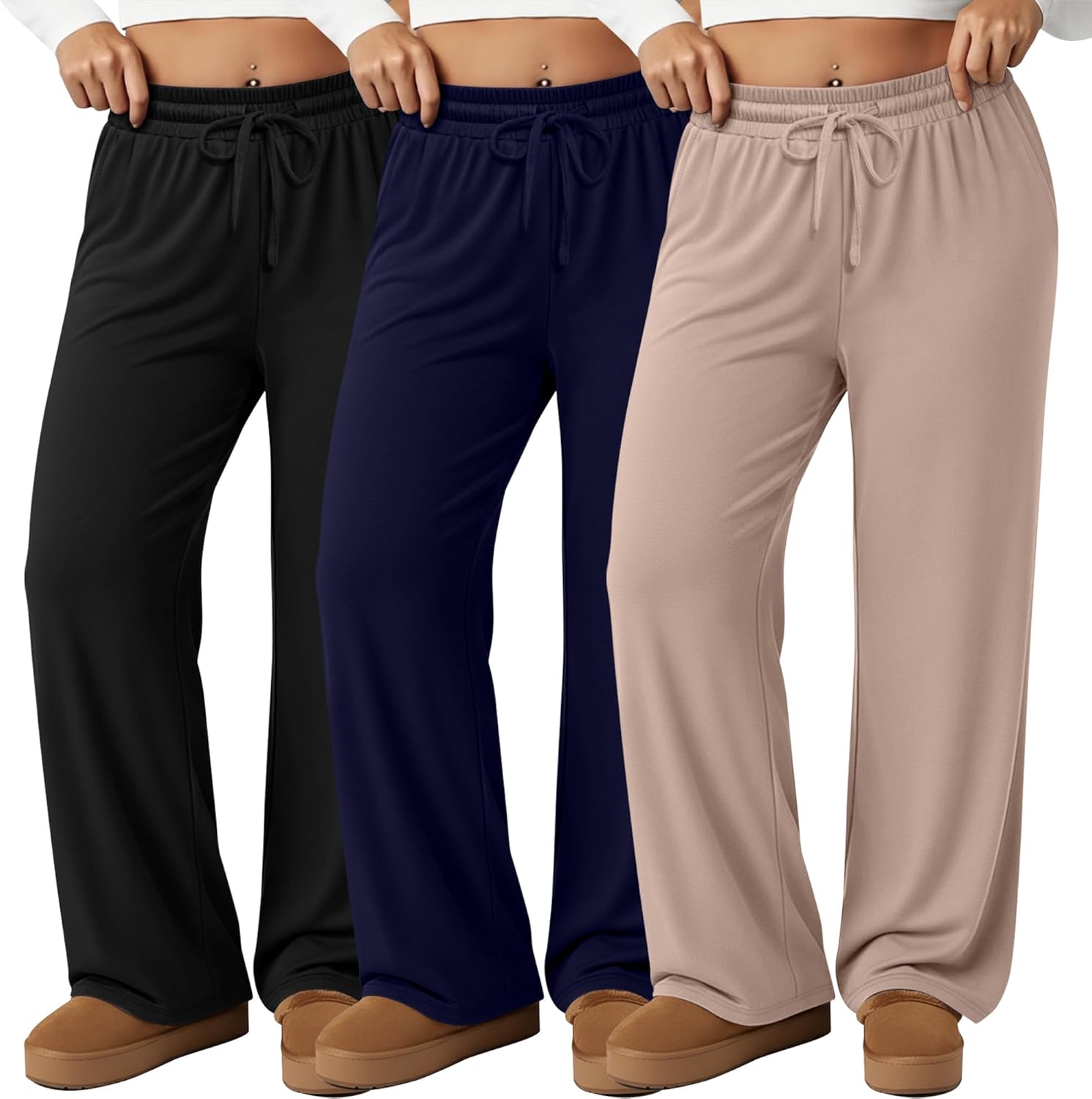 Neer 3 Pack Women's Plus Size Pants, Drawstring Wide Leg Lounge Pants with Pockets Casual Pajamas Comfy Loose Yoga Sweatpants
