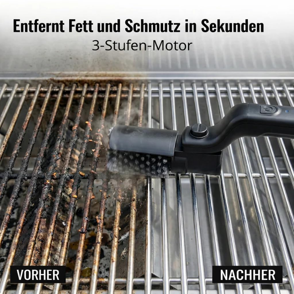 DARAMIN – Grillrost wie neu in Sekunden Kraftvolle kabellose Elektrische Grillrostbürste mit 3 Reinigungsstufen und 180° verstellbarem Bürstenkopf, geeignet für alle Grilltypen, zeitsparend
