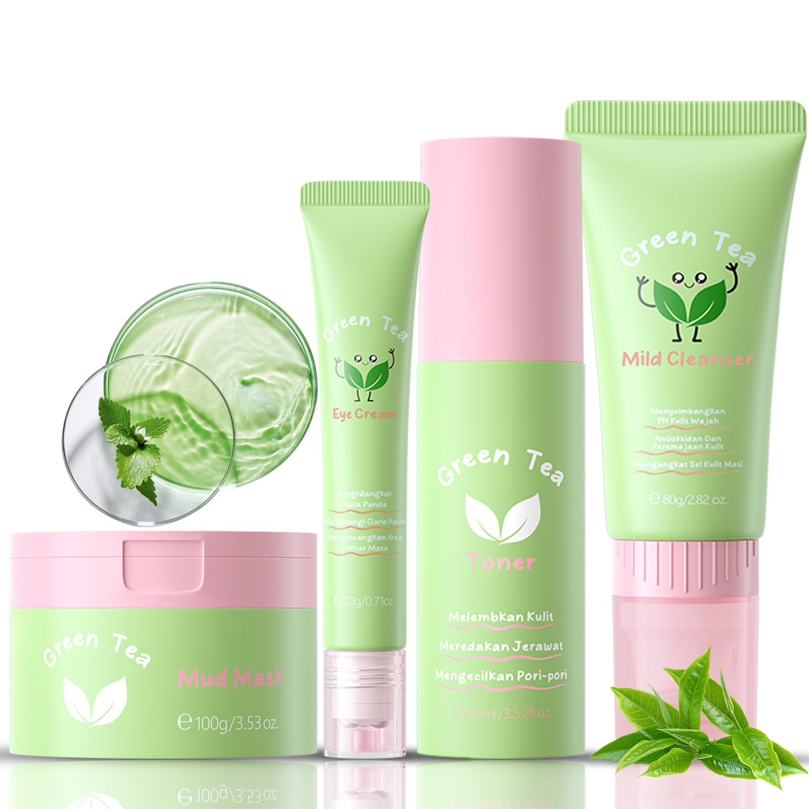 Green Tea Korean Skin Care Set, 4-In-1 Skincare Set for Women & Teen Girls, Skin Care Products: Eye Cream, Cleanser, Mud Mask, Toner, Control Oil, Shrink Pores, Skincare Sets for Girls (Green 04)