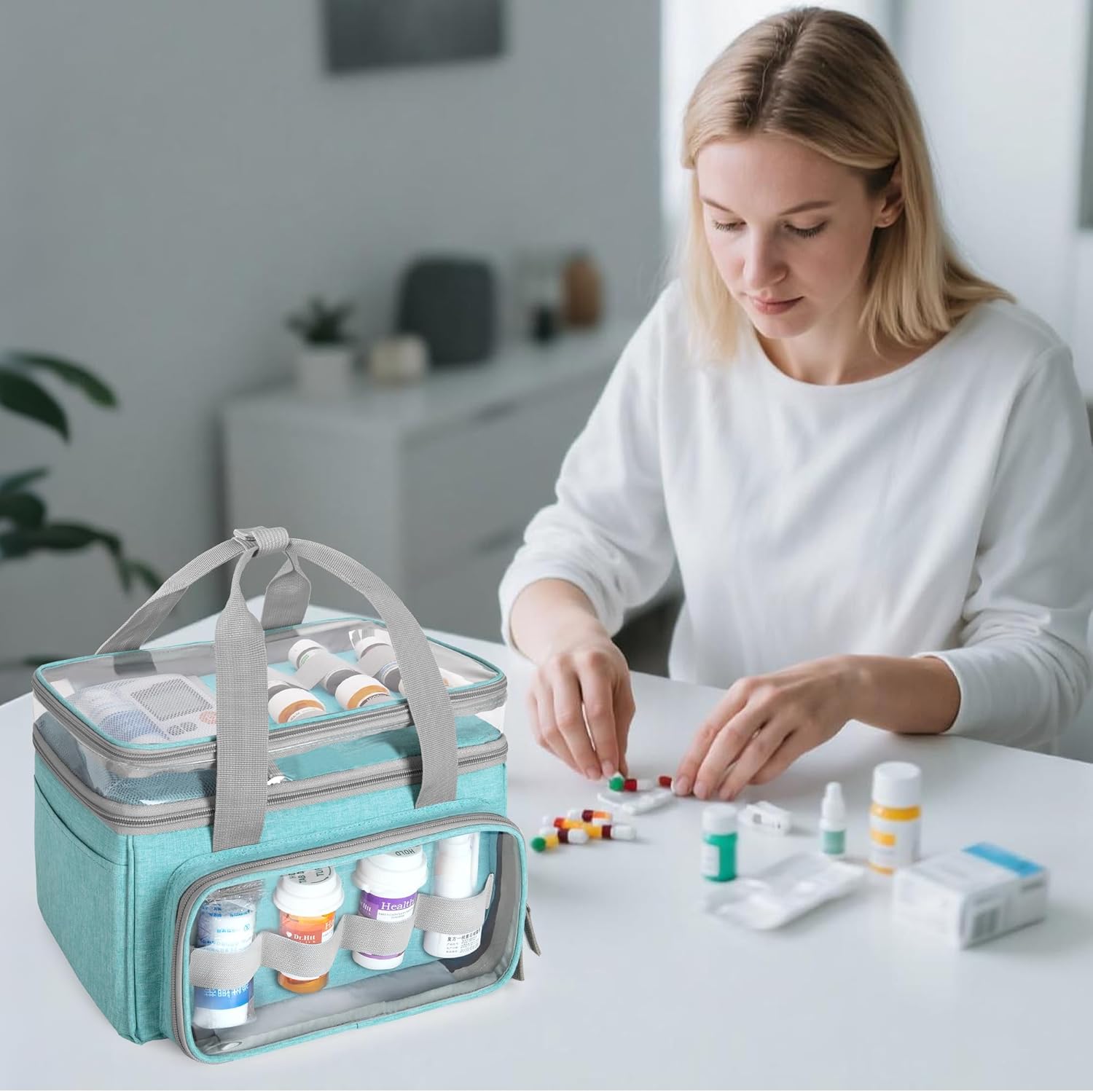 LUXJA Double-Layer Medicine Bag with Transparent Compartment, Pill Bottle Organizer with Detachable Divider (Suitable as a Home or Travel Medicine Bag), Blue - Image 7