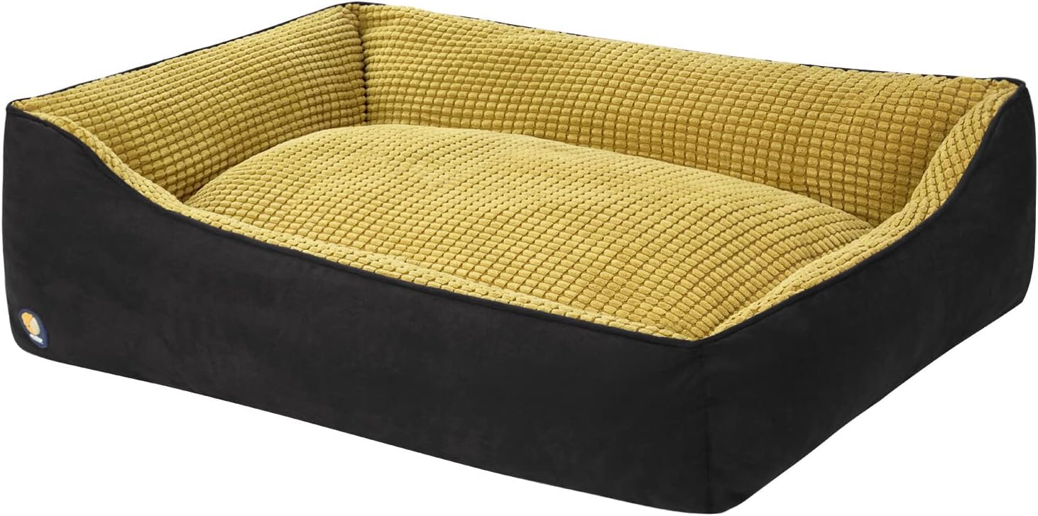 Veehoo Cotton Pet Dog Bed - Soft Rectangle Bolster Pet Beds for Large Dogs, Maching Washable Calming Cat Bed with Anti-Slip Bottom, 39x30x10 inch, Black + Yellow