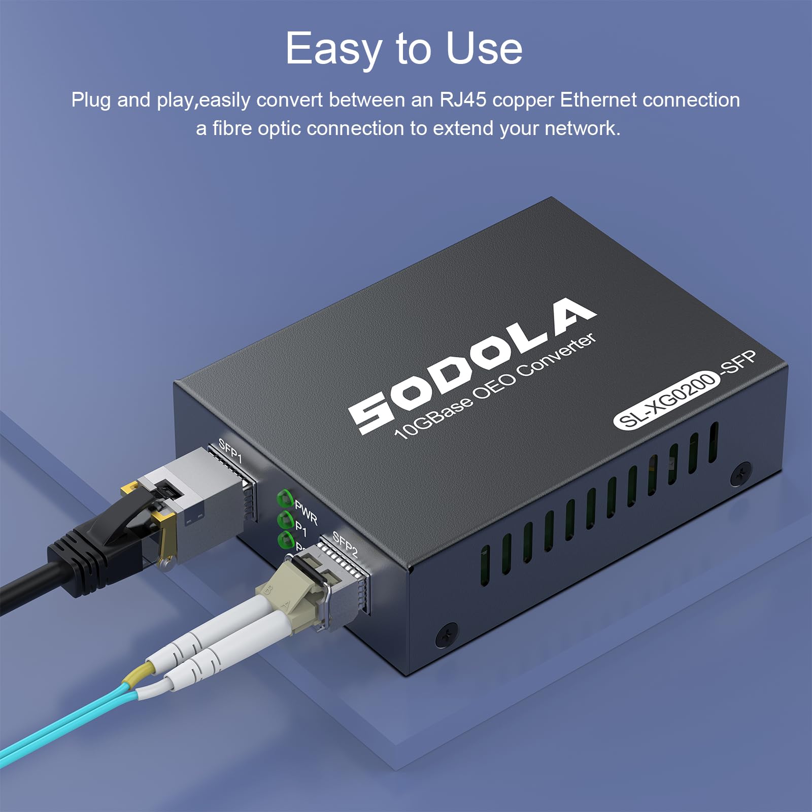 SODOLA 10G SFP+ Medienkonverter (Set) mit 10GBase-T Glasfasertransceiver Reichweite 30 Meter und 10GBase-SR Glasfasermodul (300 m, MMF, 850 nm) 10G Ethernet Media Converter