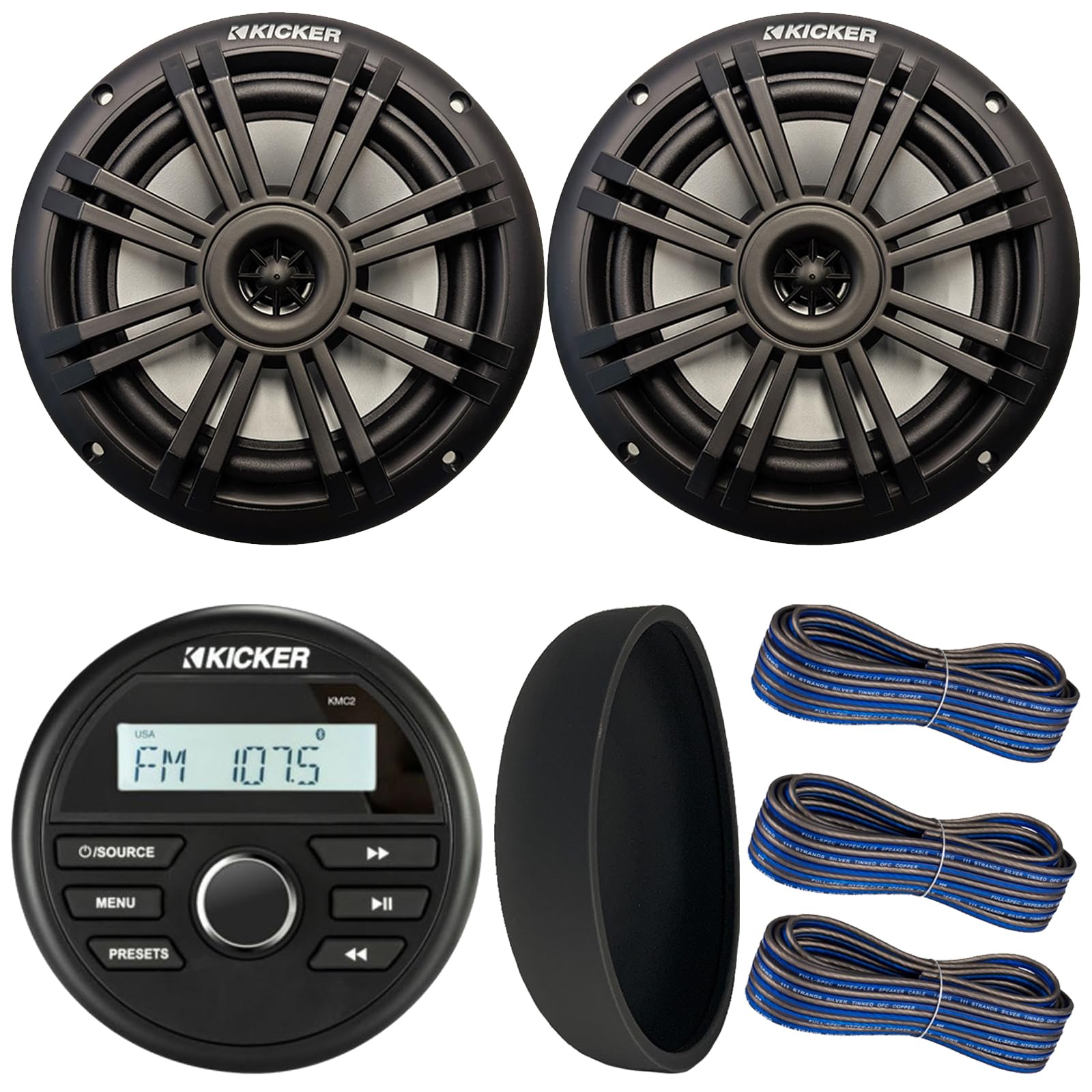 KICKER 46KMC2 Marine Bluetooth All-Weather AM/FM USB/AUX Gauge Style Media Center Receiver W/Black Cover, 2X 6.5 150 Watt Peak Power 2-Way Black Boat Audio Speakers, 3X 20 Feet 16 Gauge Speaker Wire