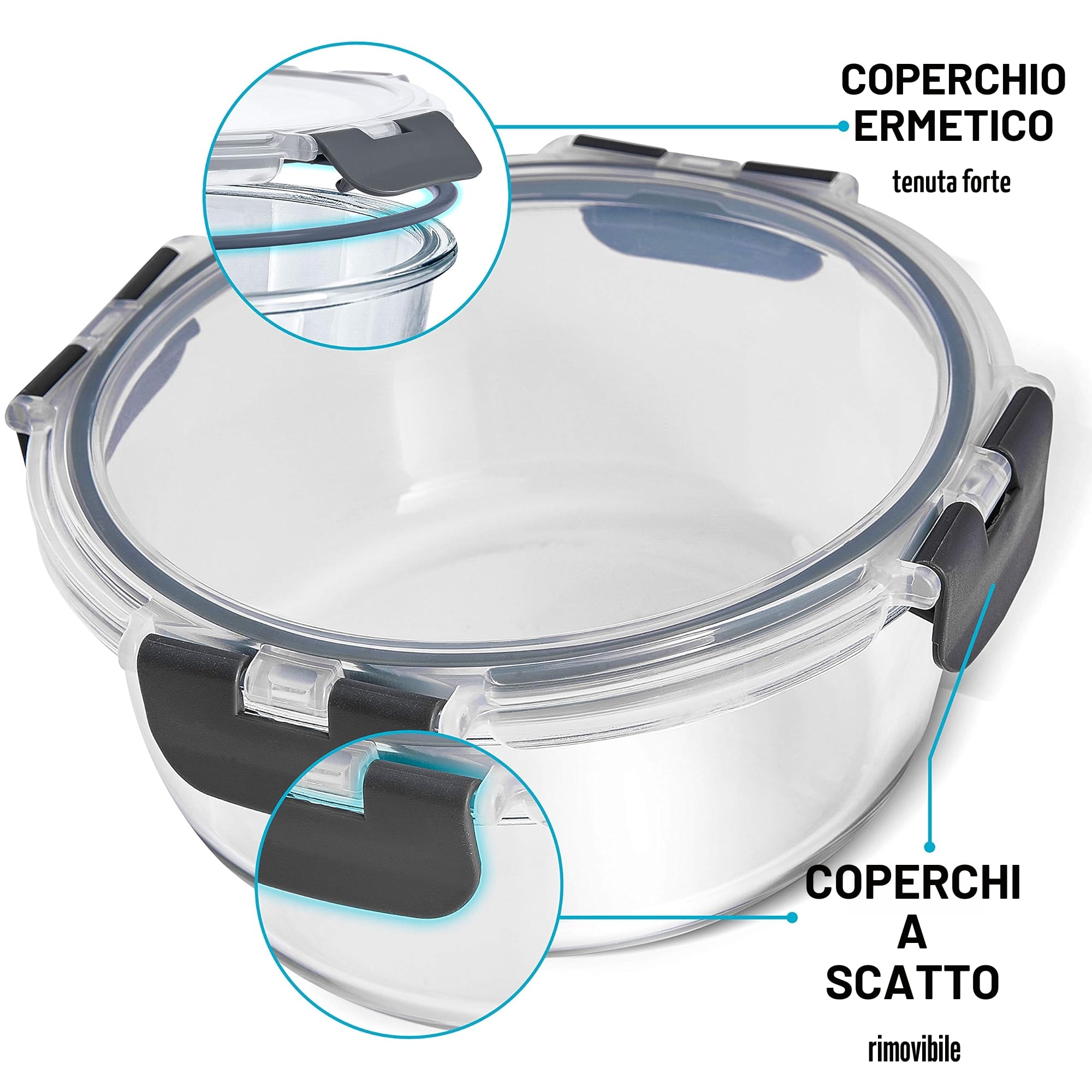 Igluu Meal Prep Contenitori Ermetici per Alimenti in Vetro Tondi con Coperchi (Set da 3) – Senza BPA – Forno, Microonde, Freezer e Lavastoviglie – 400 ml, 650 ml, 950 ml – Vetro Borosilicato