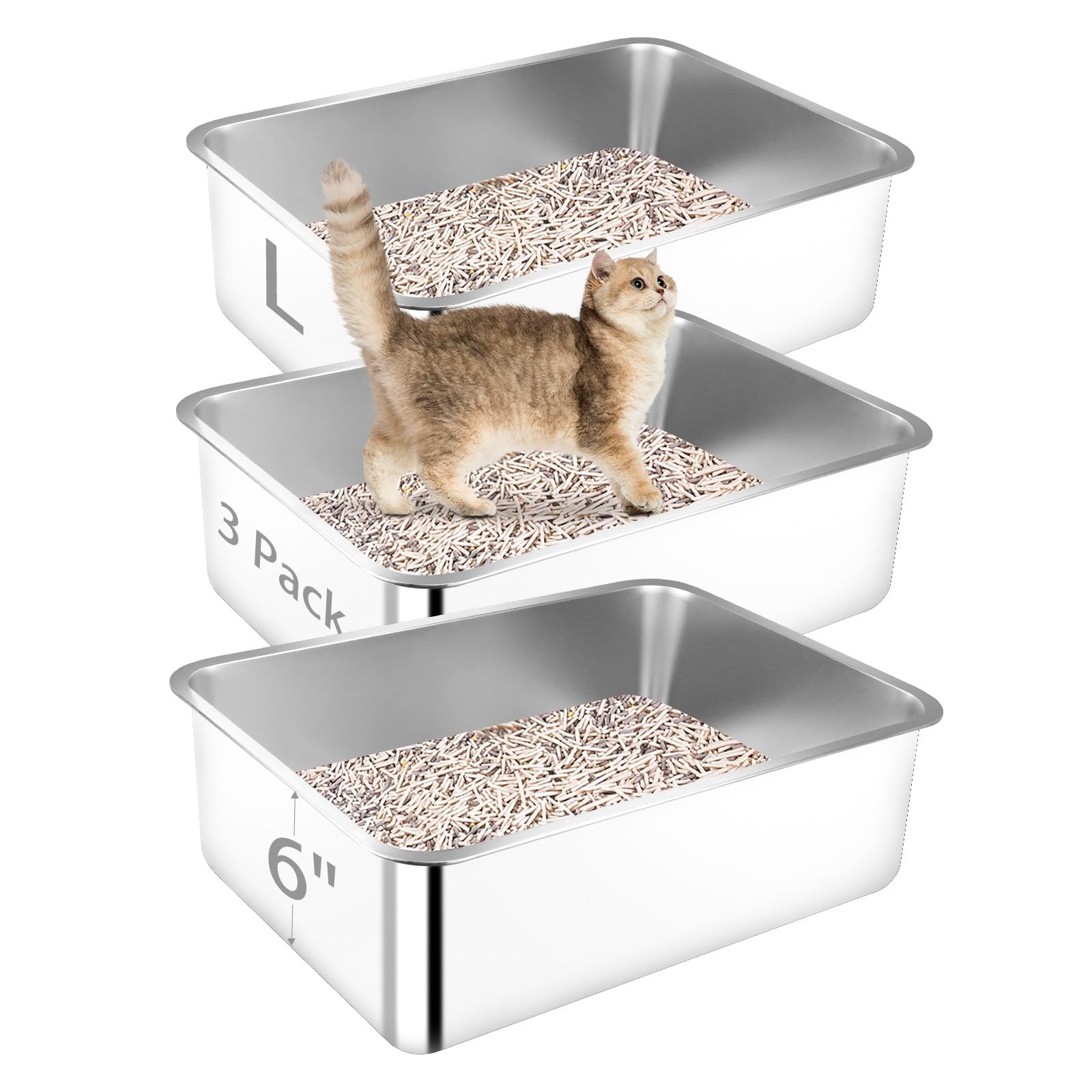 Arenero para Gatos de Acero Inoxidable Paquete de 3, 50 x 35 x 15 cm, con Bordes Altos de Metal, Extra Grande, Antiadherente, sin Olor