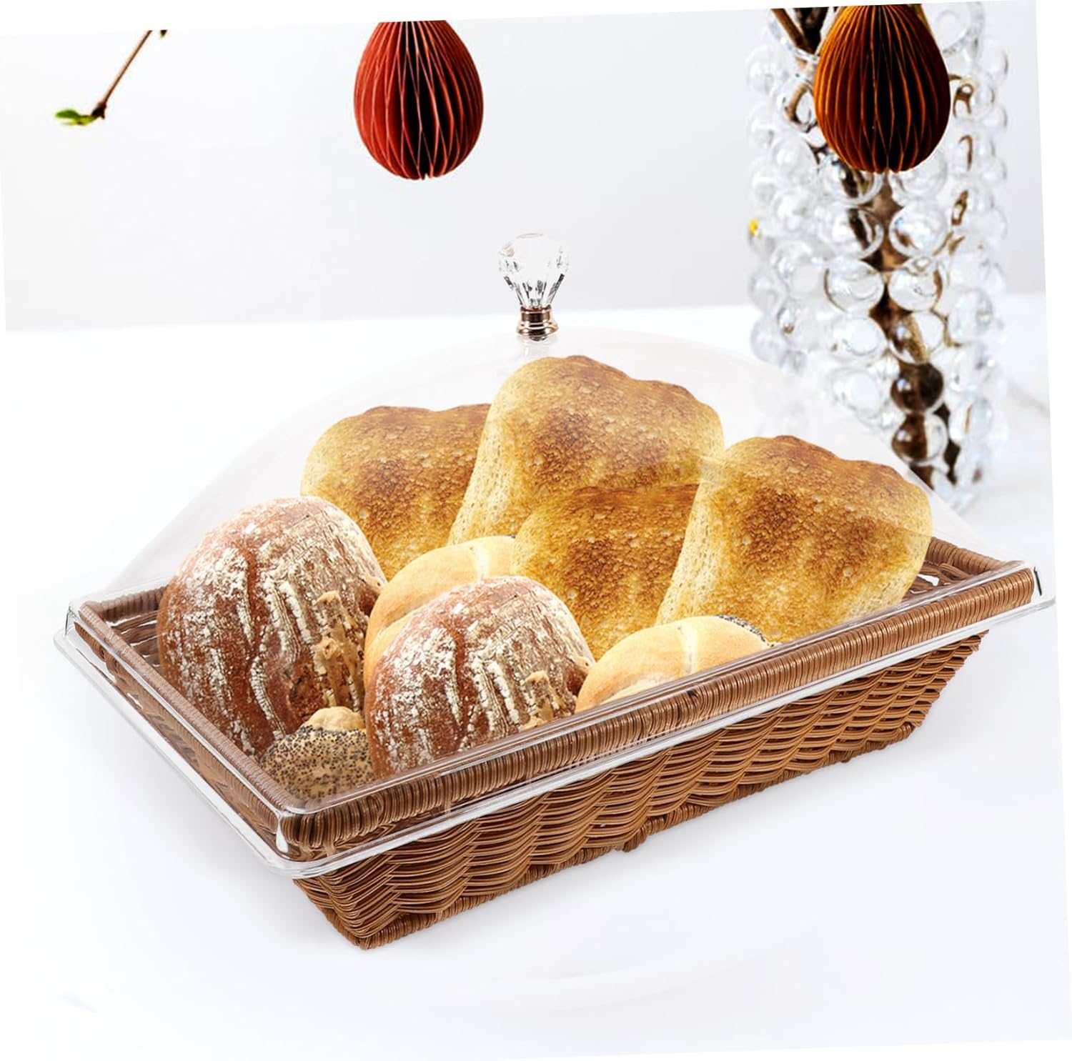 1 Set Woven Storage Basket with Transparent Lid Medium Food Grade Container for Serving Bread Fruits and Snacks for Parties and Kitchen Organization