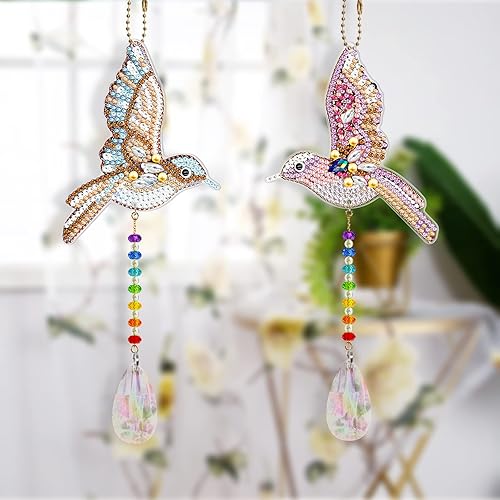 Miniatura 4 de YALKIN 4 piezas de pintura de diamante carillón de viento, corazón de pájaro de doble cara, gema de cristal por número, pintura de diamante, adorno