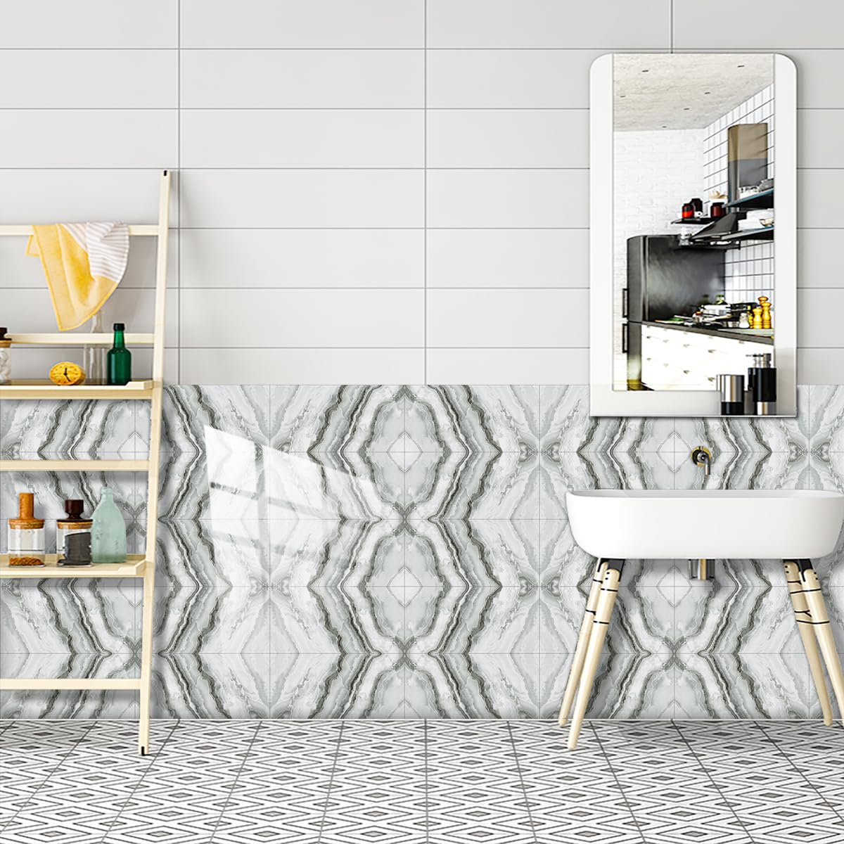 Pegatinas para Azulejos con diseño geométrico Gris, Autoadhesivas, para Colocar sobre Azulejos, Suelos de baño, cocinas y Paredes. Duraderas, Impermeables y Resistentes al Aceite,