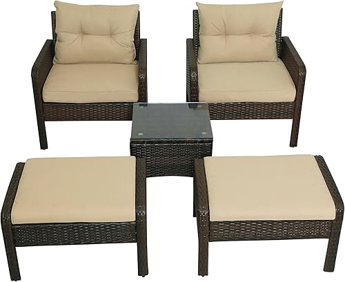 Miniatura 1 de Adquirir - Juego de 5 muebles de mimbre de ratán de polietileno para exteriores, color marrón, incluye 2 sillas de sofá + 2 reposapiés otomanos + 1