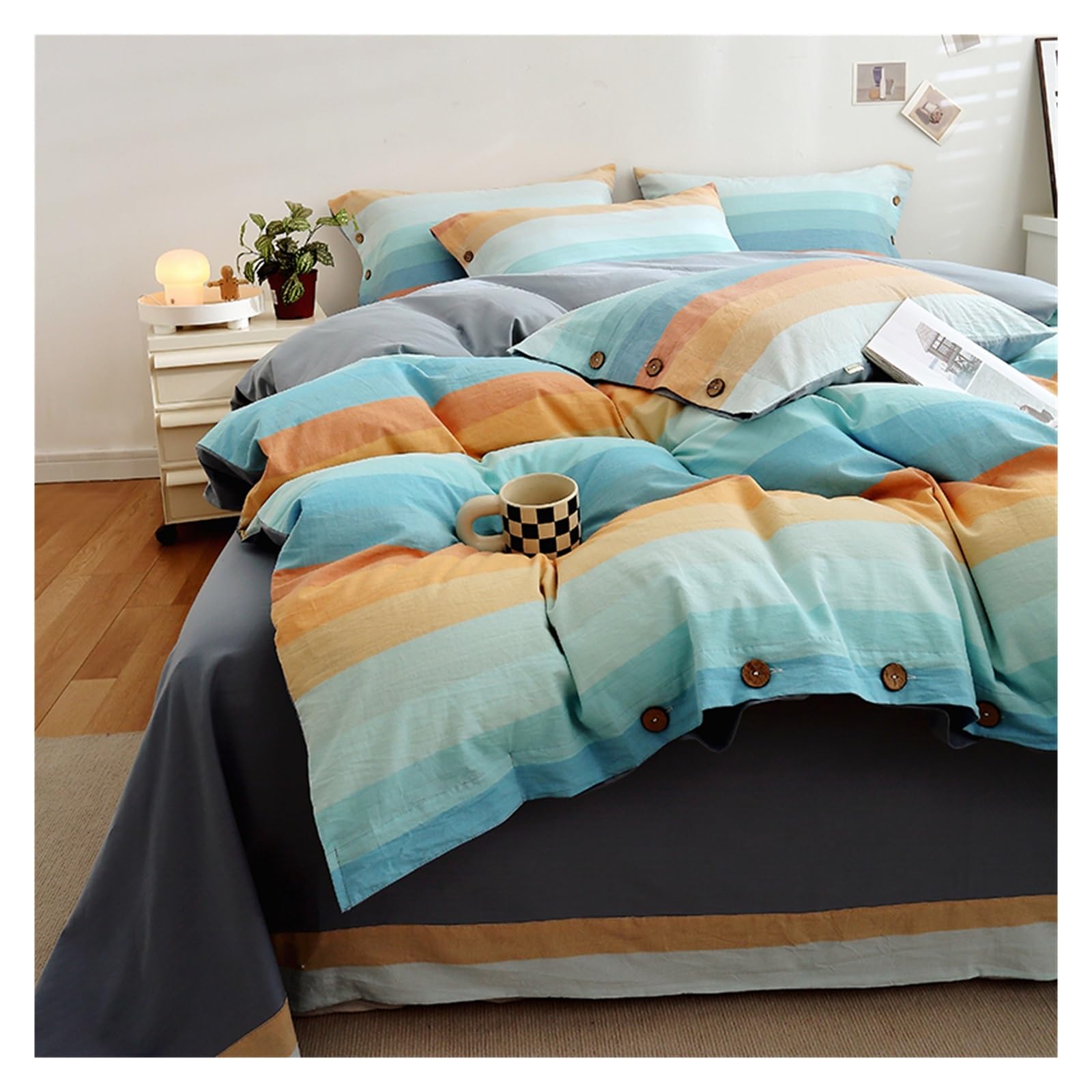 Set Copripiumino Set Copripiumino in Cotone a Righe Colorate, Tessuto 100% Cotone, Resistente, Traspirante, Naturale, Sognante, Chic Biancheria da Letto(Greyish Yellow,220x240cm)