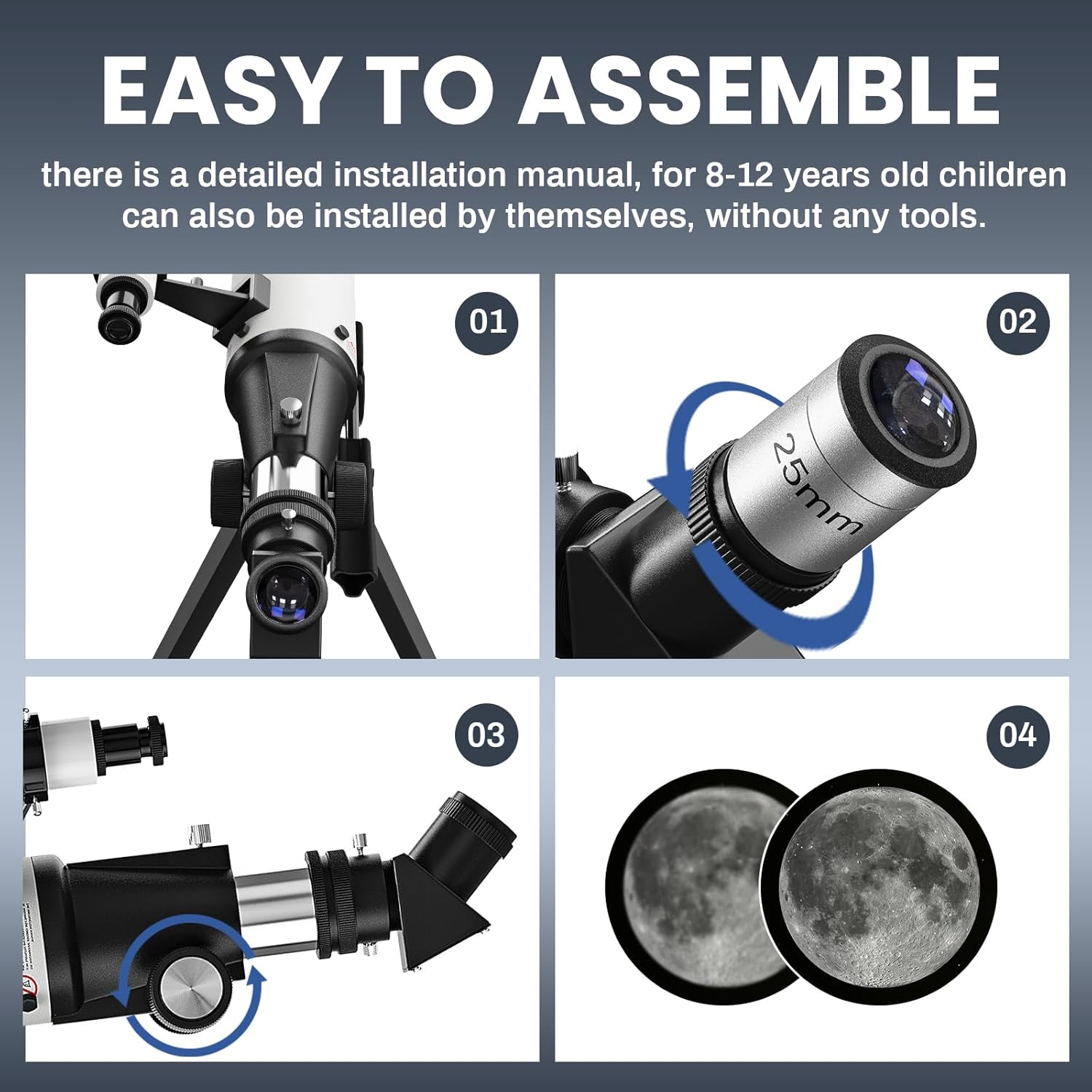 Four-step visual guide for assembling the telescope, showing tripod setup, eyepiece insertion, diagonal attachment, and moon observation.
