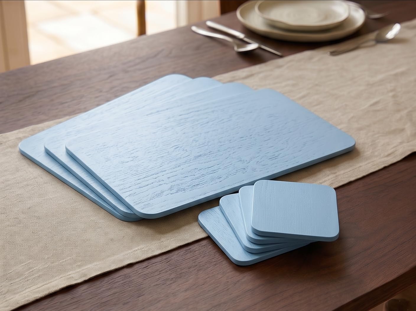 Biznest Set Of 4 Placemats & 4 Coasters Wooden Veneer Rectangular Dining Table Linens Setting Mats Home Decor Surface Protector Round Corners Stylish Kitchen Serveware Large 29x21.5Cm (SKY BLUE)