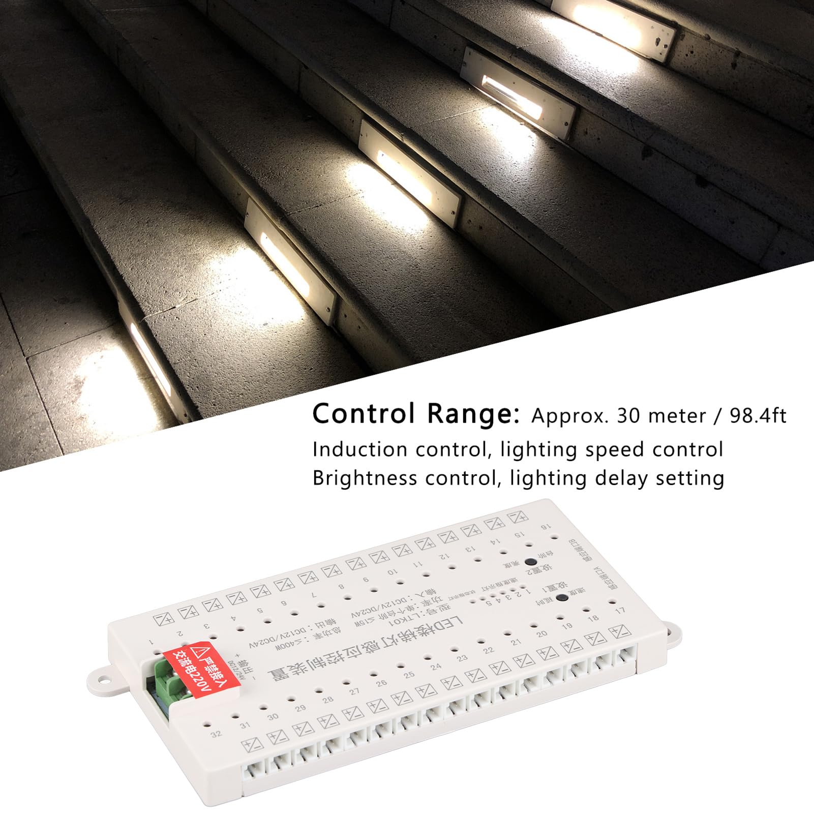 Asixxsix Luci per Scale con Sensore di Movimento, Raggio di Rilevamento 30M Controller LED Intelligente a 32 Porte, Controller LED 24V con Doppie Teste Sensore per Illuminazione Scale di Centri