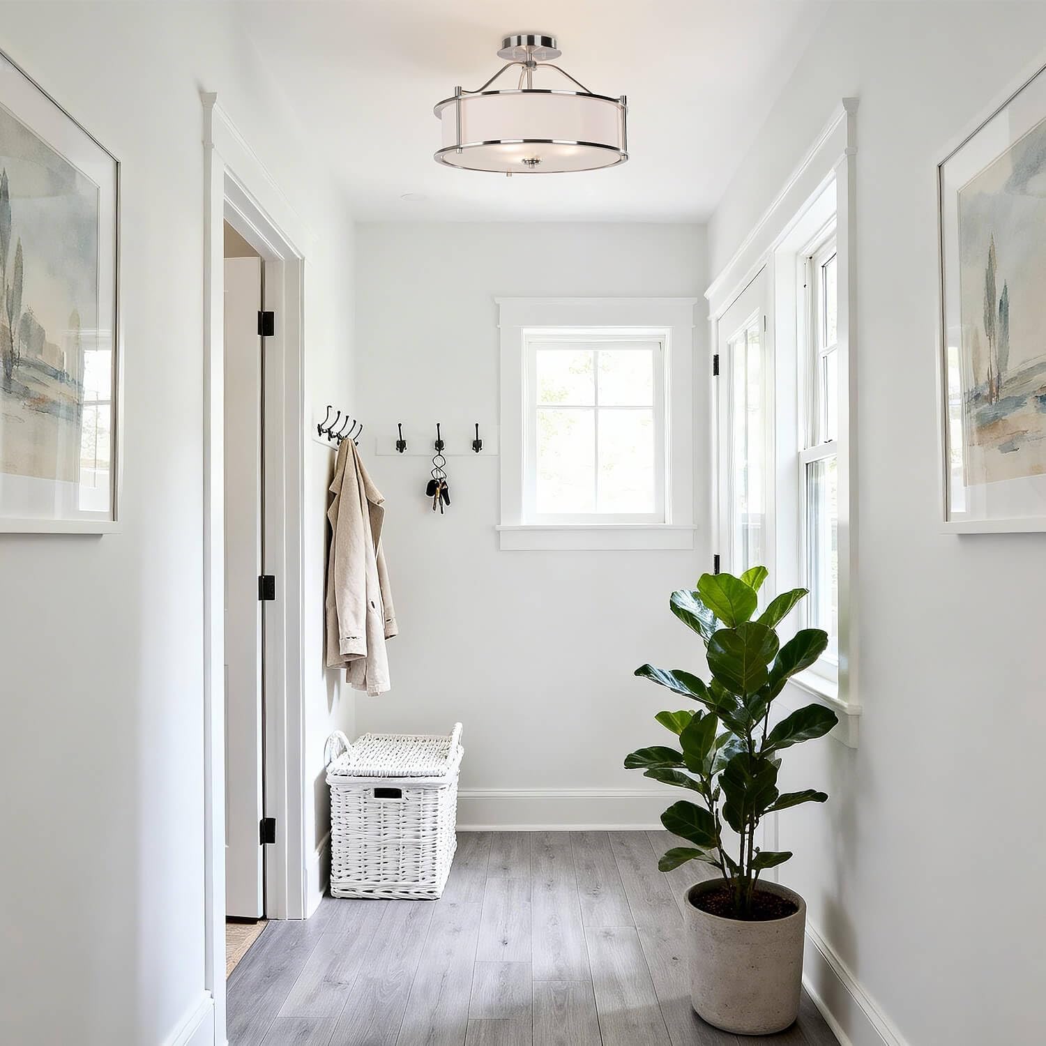 XiNBEi Lighting Semi Flush Mount Ceiling Light 18 inch 3 Light Close to Ceiling Light with Fabric Shade and Glass Diffuser, Brushed Nickel Drum Semi Flush Light for Dinning & Bedroom XB-SF1199-BN