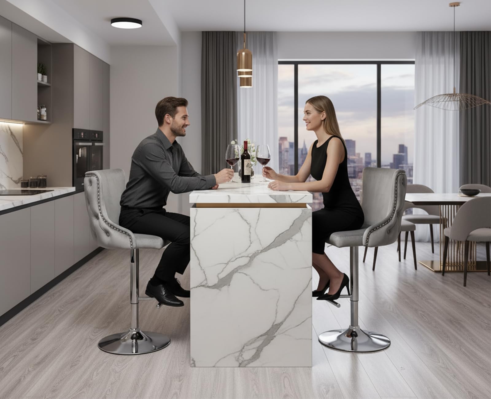 Ya-Home Set di 2 Sgabelli Cucina, Sedie da Cucina in Velluto, Sgabello Cucina Regolabili in Altezza, Sgabello Alto con Schienale per Isola Cucina/Ristorante, Grigio