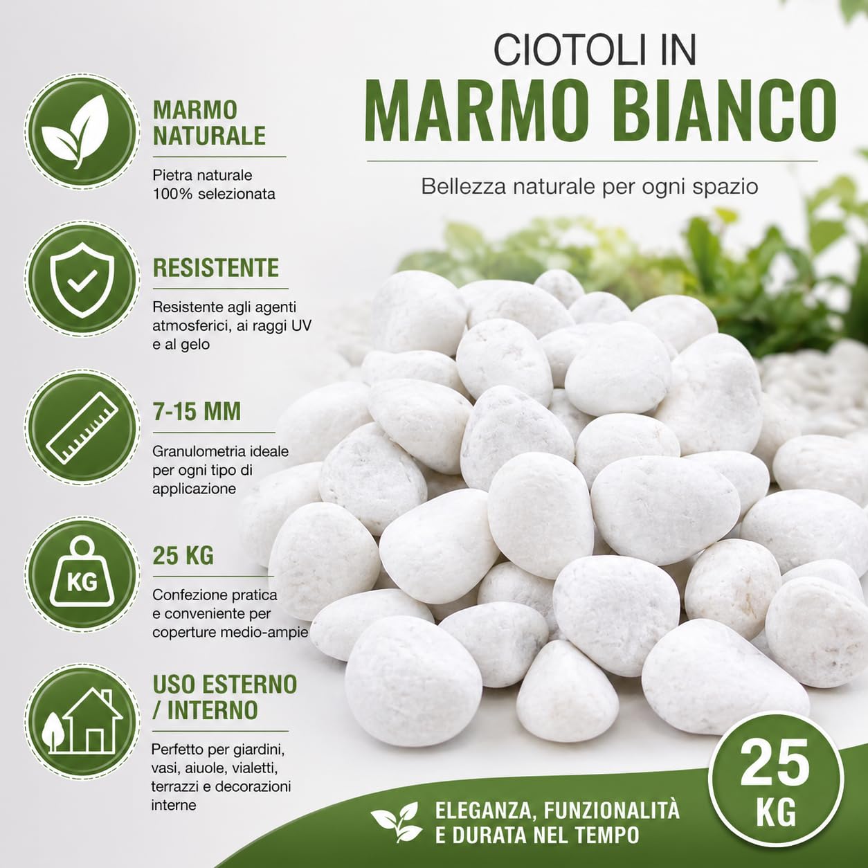 Sassi da giardino marmo bianco 7/15 mm ciottoli decorativi naturali 25 kg pietre per giardino aiuole vasi vialetti drenanti resistenti esterno interno effetto elegante