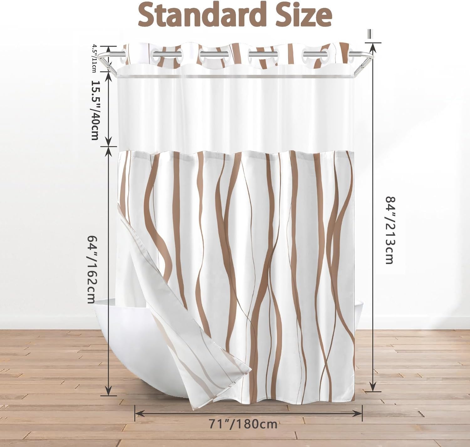 No Hook Shower Curtain with Snap in Liner Set, Mocha Mousse and White Striped Design, Waterproof Fabric Hotel Shower Curtains for Bathroom Decor with See Through Mesh Top Window 71x84 Inch