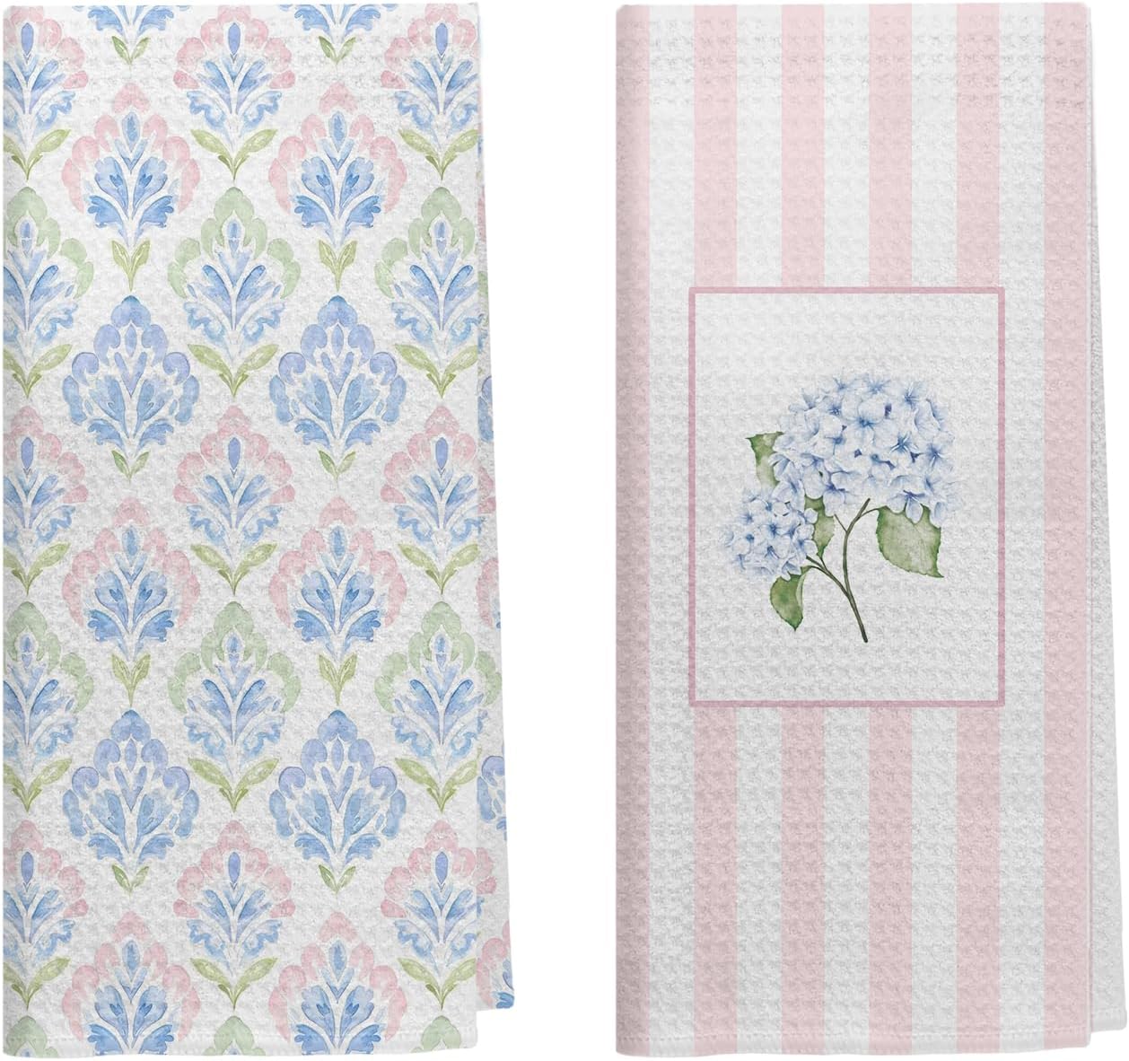 Inspirational Coquette Blue Bow Hydrangea Floral Kitchen Dish Towels, Sage Green Striped Flower Decorative Hand Towels for Bathroom Kitchen, Floral Bathroom Decor, 16x24 Inch Set of 4
