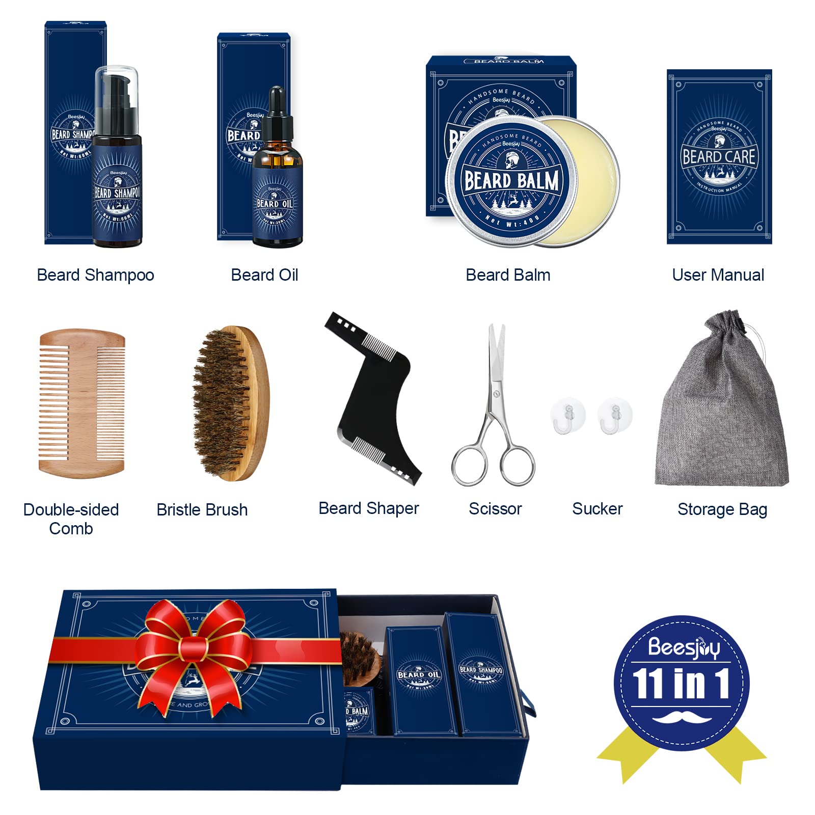 Kit Barbe Homme, Beesjuy Coffret Barbe Homme, Cadeau Noel Homme, Entretien Barbe Kit Soins Barbe Pour Hommes Avec Huile, Crème, Shampoing, Brosse à Poils, Peigne, Ciseaux, Peigne de Coiffage