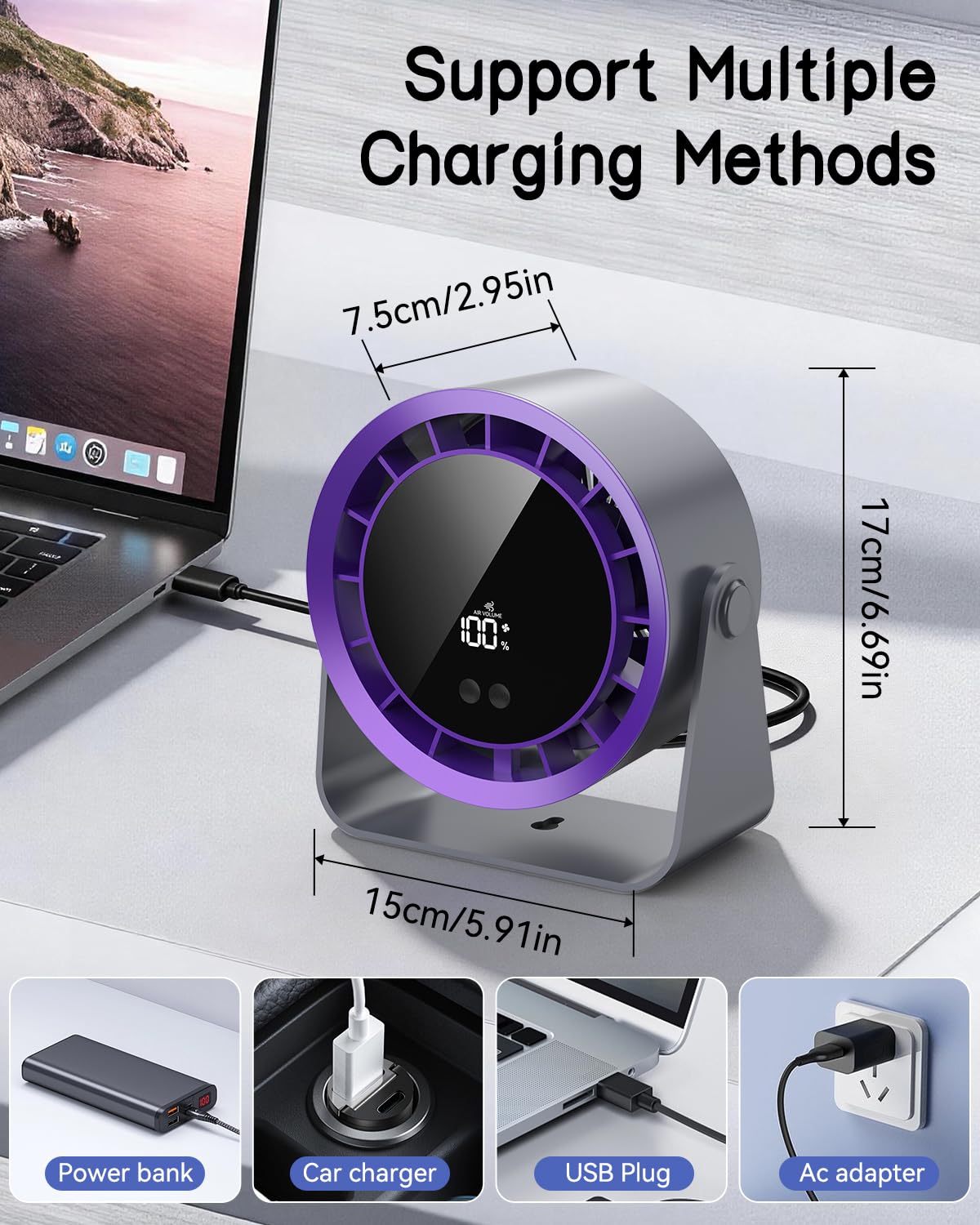 Timiyou Schreibtischventilator, 6,7 Zoll, leistungsstarker tragbarer Tischventilator mit 100 Geschwindigkeiten, ultra-leise, LED-Anzeige, Touch-Steuerung, 360° Neigung, USB-C-wiederaufladbarer 3600