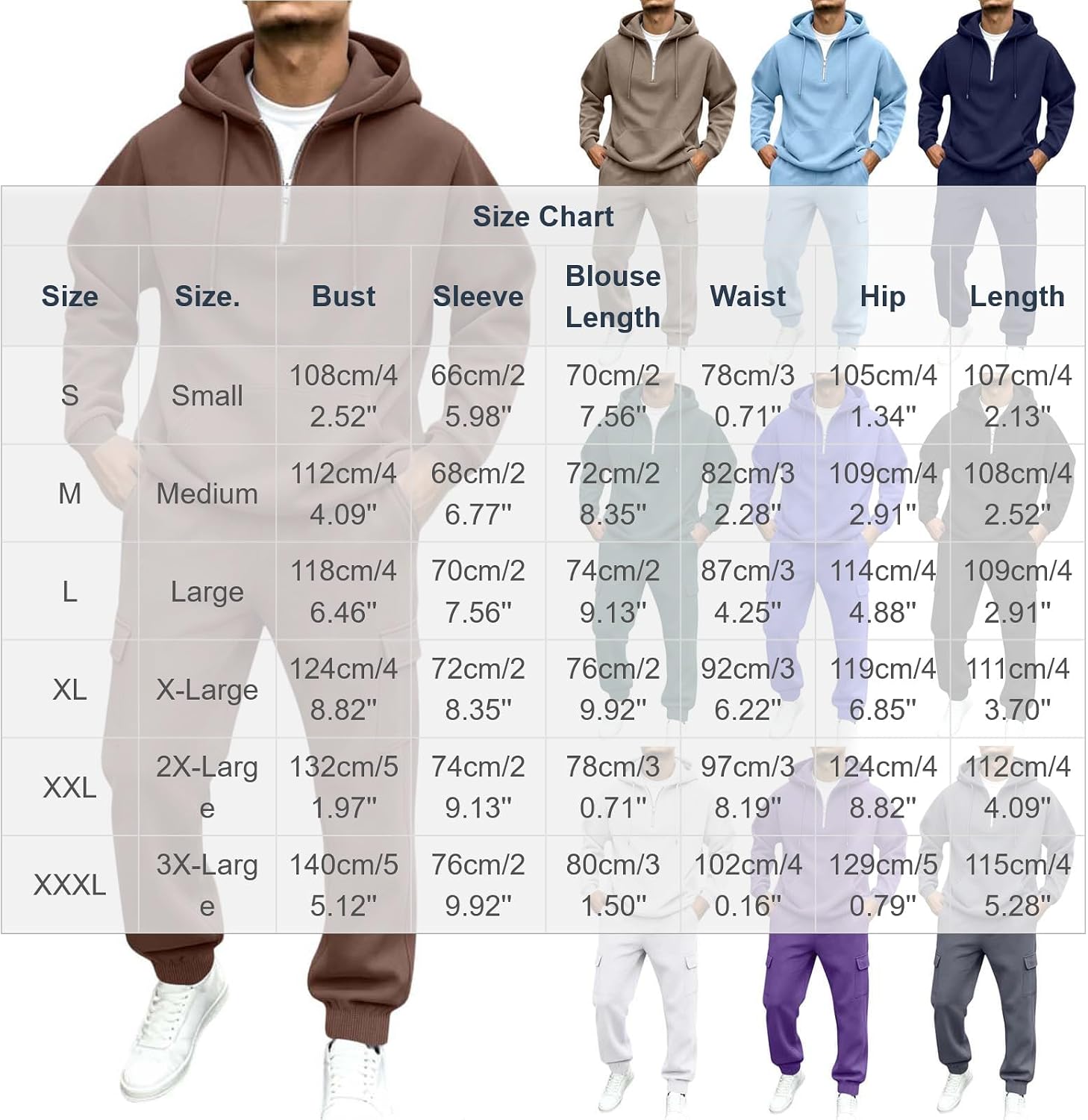 Men's Half Zip Fleece Cargo Hoodie Set Brown Warm Sweatsuit