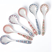 Ceramic Asian Soup Spoons Set of 6, Colorful Japanese Ramen Spoon for Pho & Miso, Deep Porcelain Design with Long Handle for Dumpling, Wonton, Assorted Patterns A