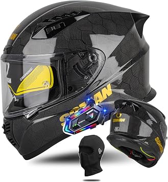 Bluetooth Modular Integrated Carbon Fiber Motorcycle Helmet Full Face Racing Helmet for Built-in Dual Speaker Microphone DOT Approved for Adults, Men & Women
