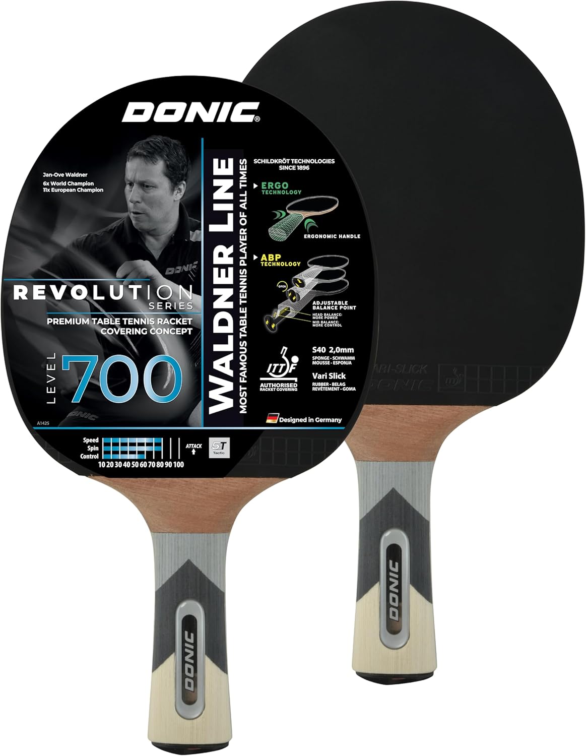 Donic-Schildkröt Tischtennisschläger Waldner 700, ABP-Griff, 2,0 mm Schwamm, Donic 3-Stern ITTF Belag, 754872