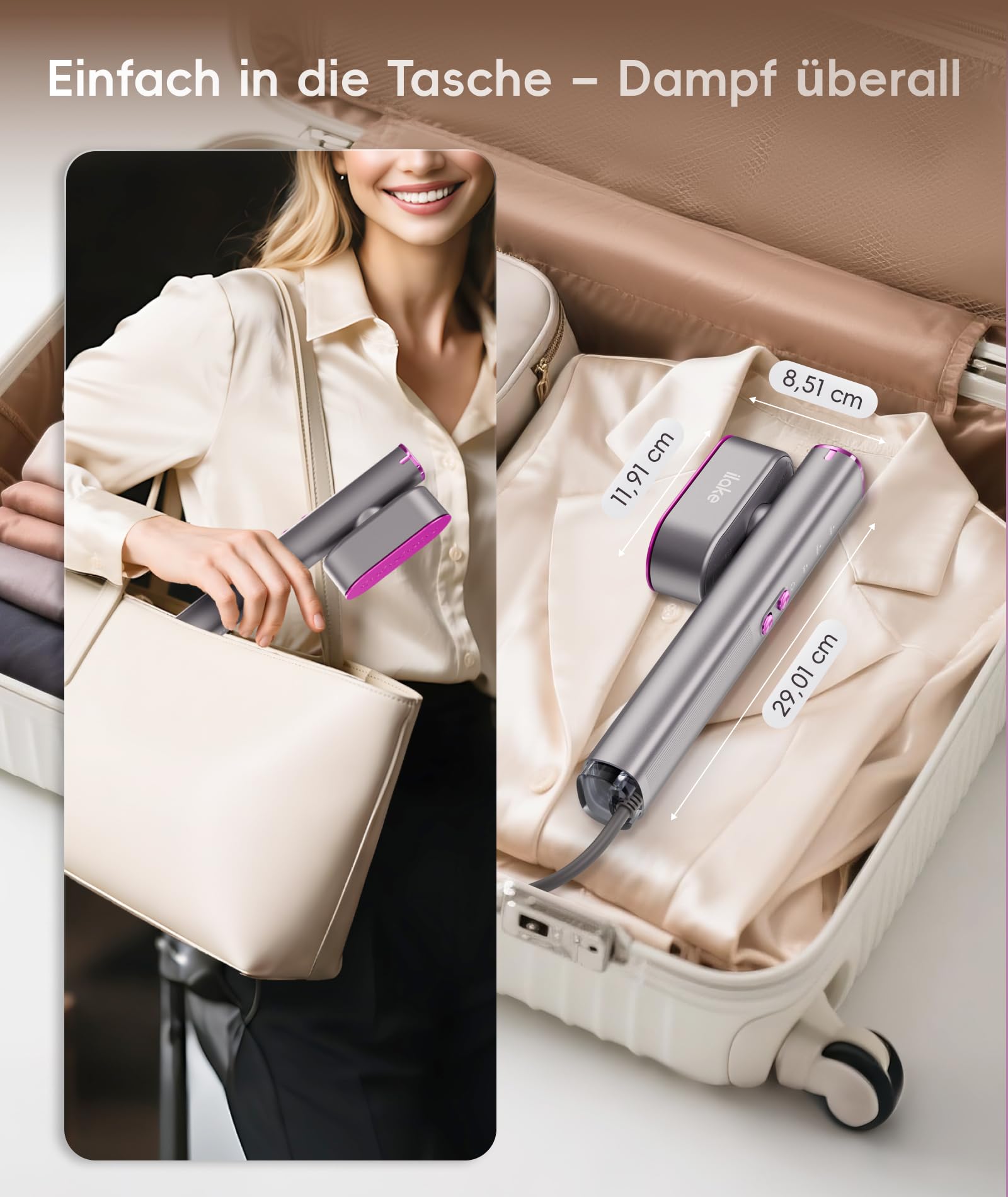 Dampfglätter für Kleidung, Handheld 100-240V Dual Voltage Travel Dampfglätter, 1000W und 120ML Wassertank Tragbarer Dampf & Bügeleisen 2 in 1 für Geschäftsreisen Zuhause, Grau