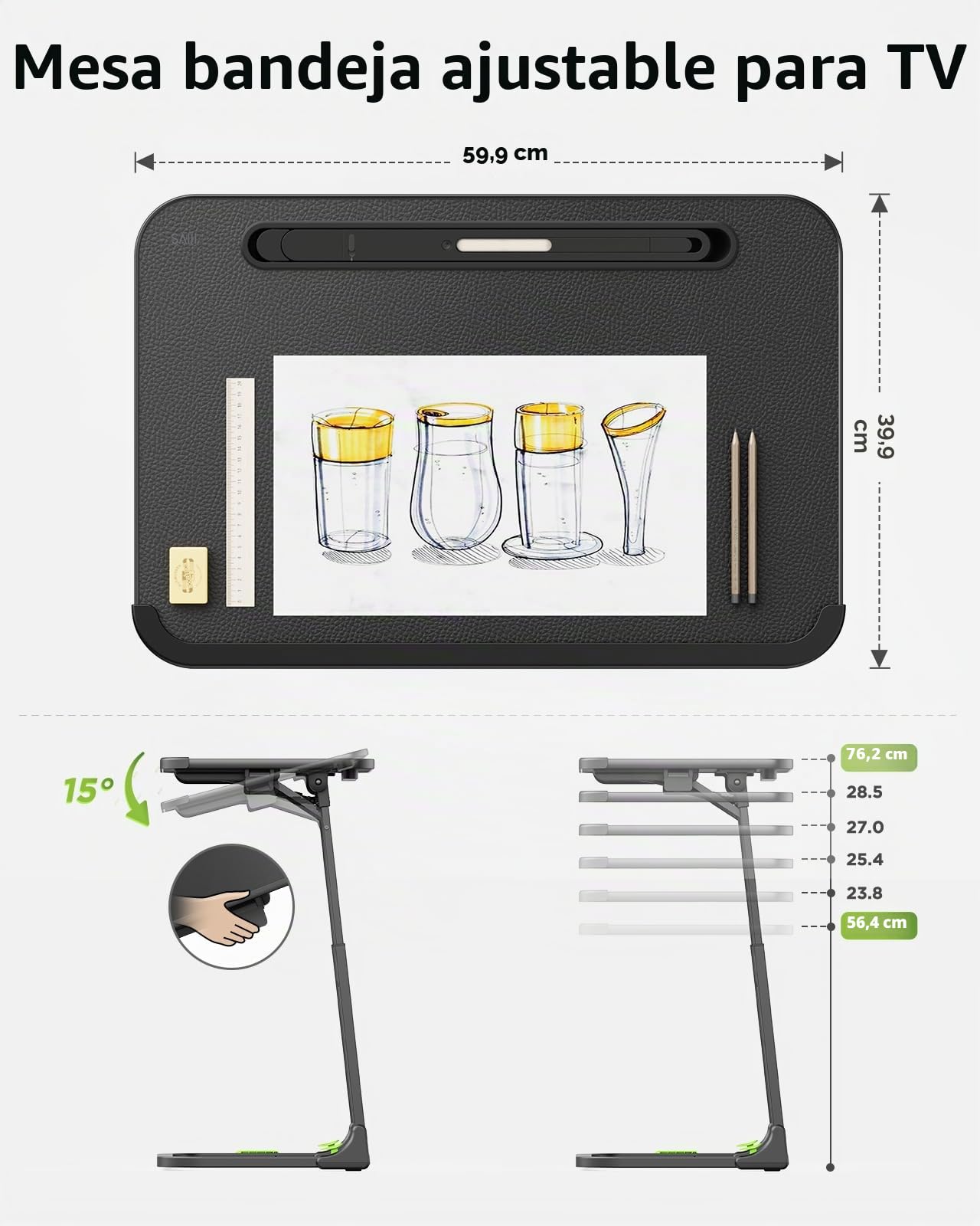 SAIJI Mesa plegable pequeña mejorada, ajustable en altura e inclinación, mesas de TV estables, bandejas de TV multifuncionales para comer, trabajar en el sofá y en la cama, escritorio para ordenador