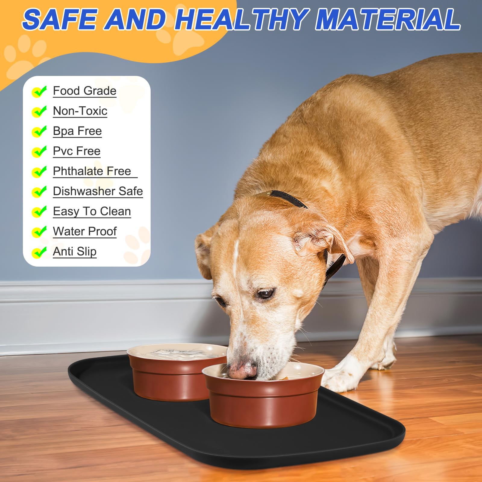 SMILOOL Silicone Pet Feeding Mat with Raised Edge for Food and Water, Dog Bowl Mats, Cat Bowls Placemat with High Lip for Floor Waterproof, Rubber Tray for Cats and Dogs 19 x 12 x0.7 Black